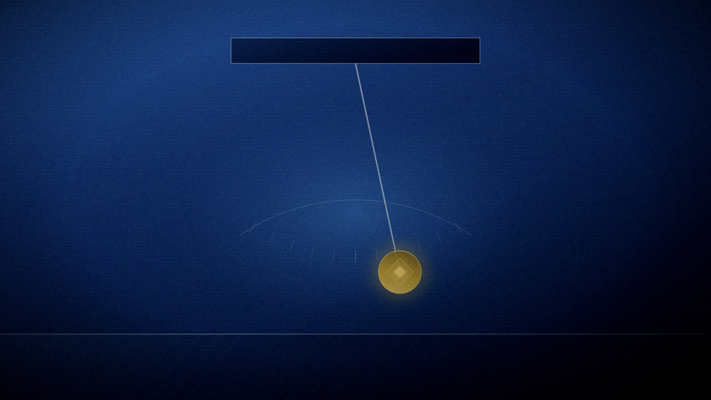 Abstract editorial illustration in navy and gold on a deep navy field: a swept arc above a bob hanging at rest.