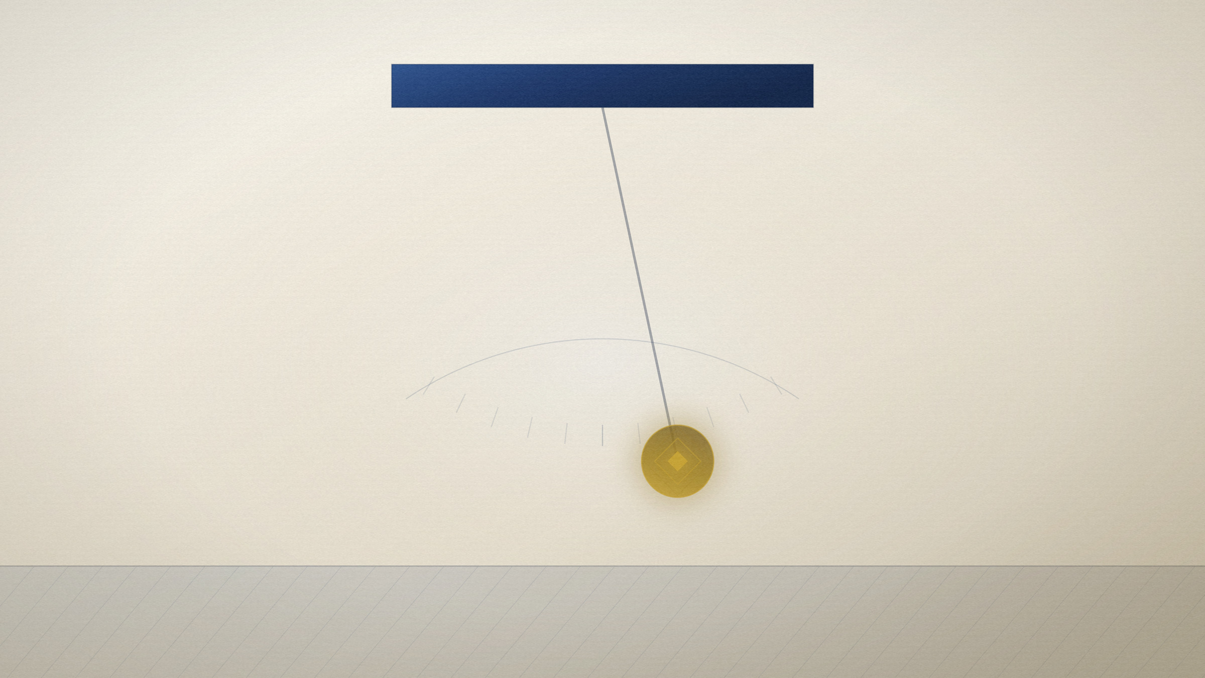 Abstract editorial illustration in navy and gold on a warm parchment field: a swept arc above a bob hanging at rest.