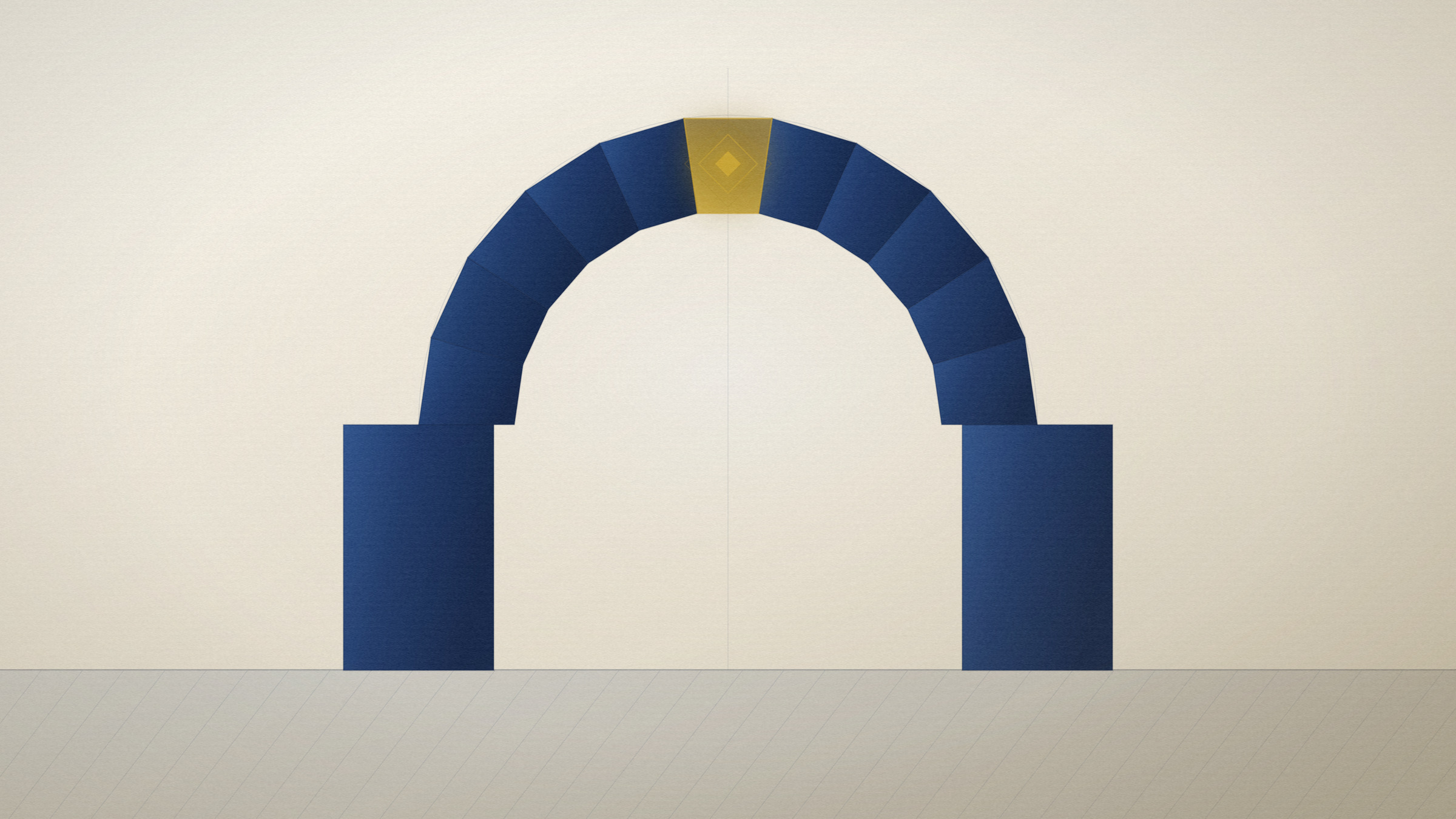 Abstract editorial illustration in navy and gold on a warm parchment field: a span of voussoirs standing on one lit keystone.