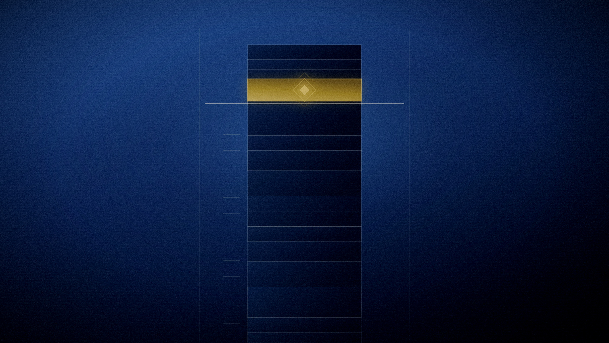 Abstract editorial illustration in navy and gold on a deep navy field: a tall core sample running off the top of the frame, one band lit high on the shaft.