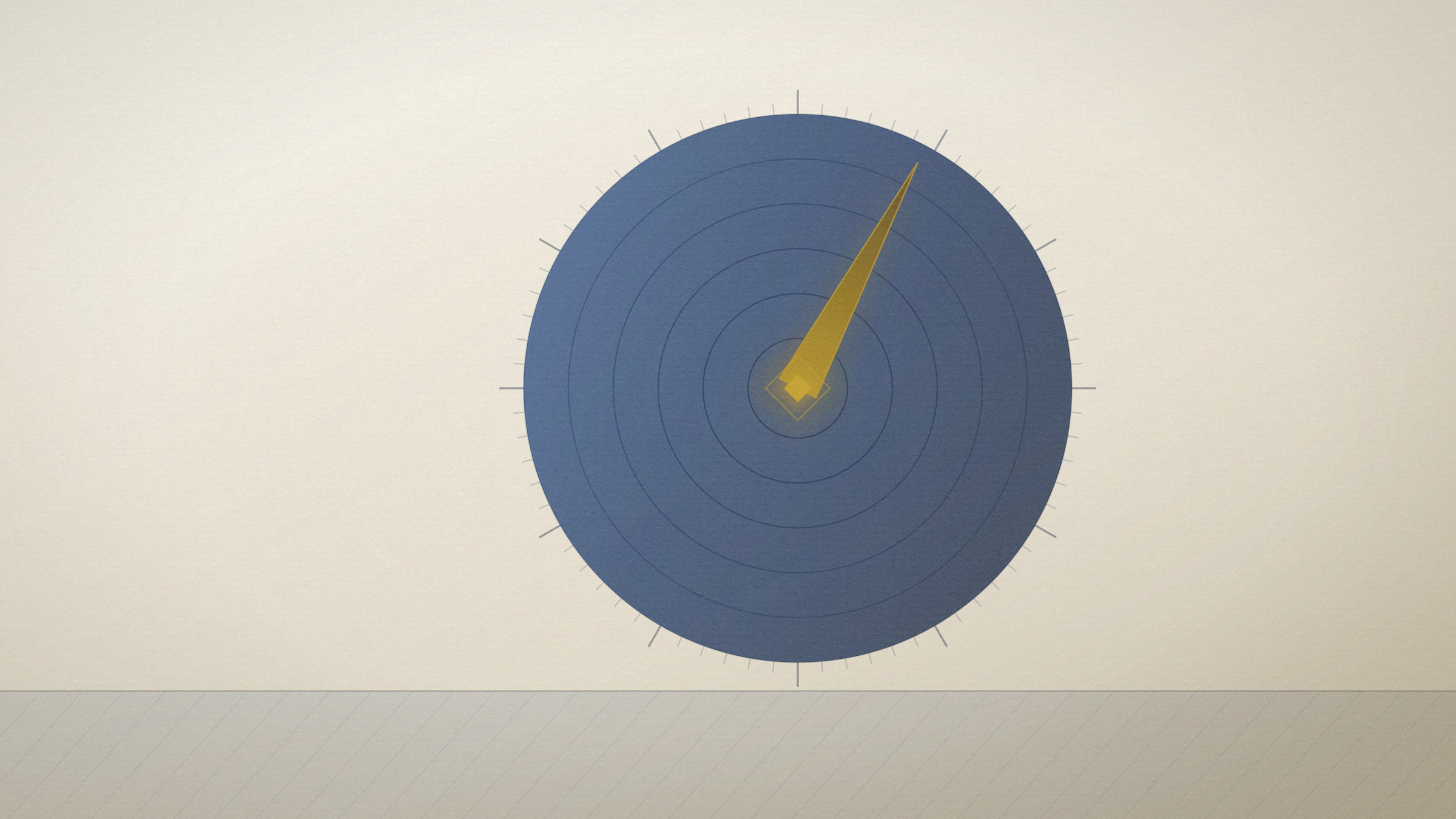 Abstract editorial illustration in navy and gold on a warm parchment field: concentric rings crossed by one radial needle.