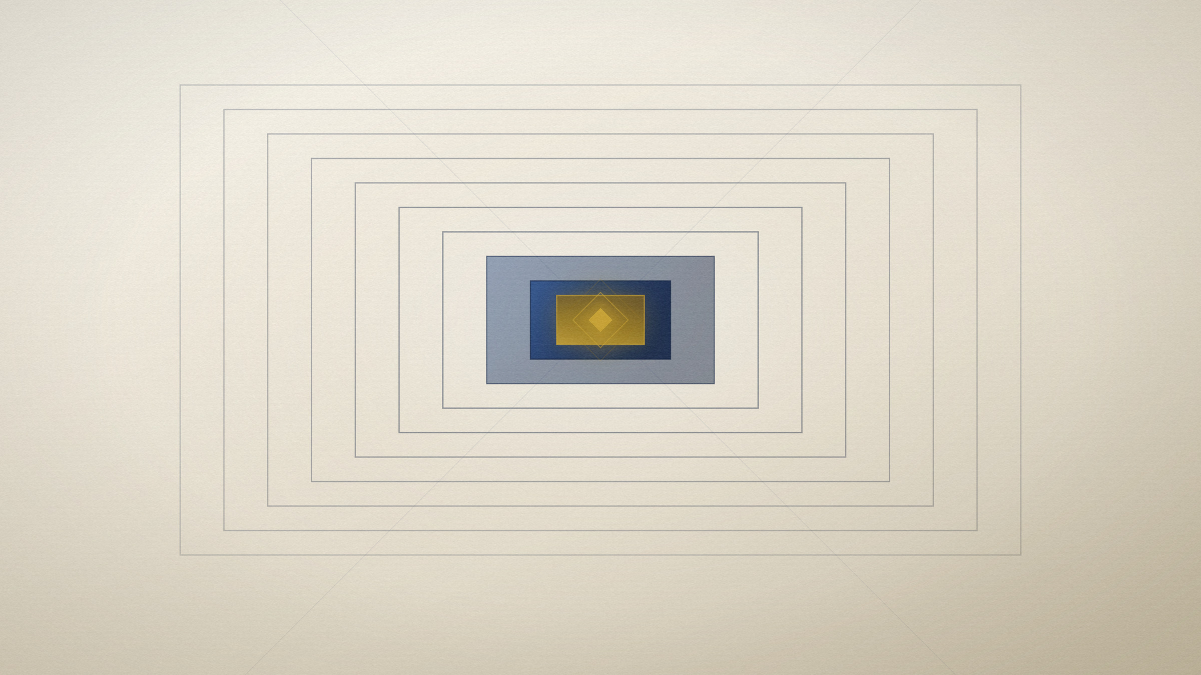 Abstract editorial illustration in navy and gold on a warm parchment field: nested frames receding inward to a lit core.