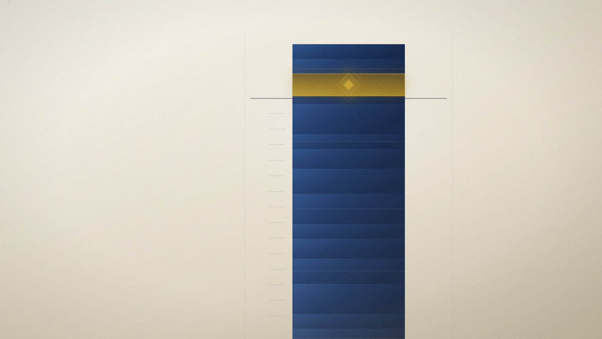 Abstract editorial illustration in navy and gold on a warm parchment field: a tall core sample running off the top of the frame, one band lit high on the shaft.