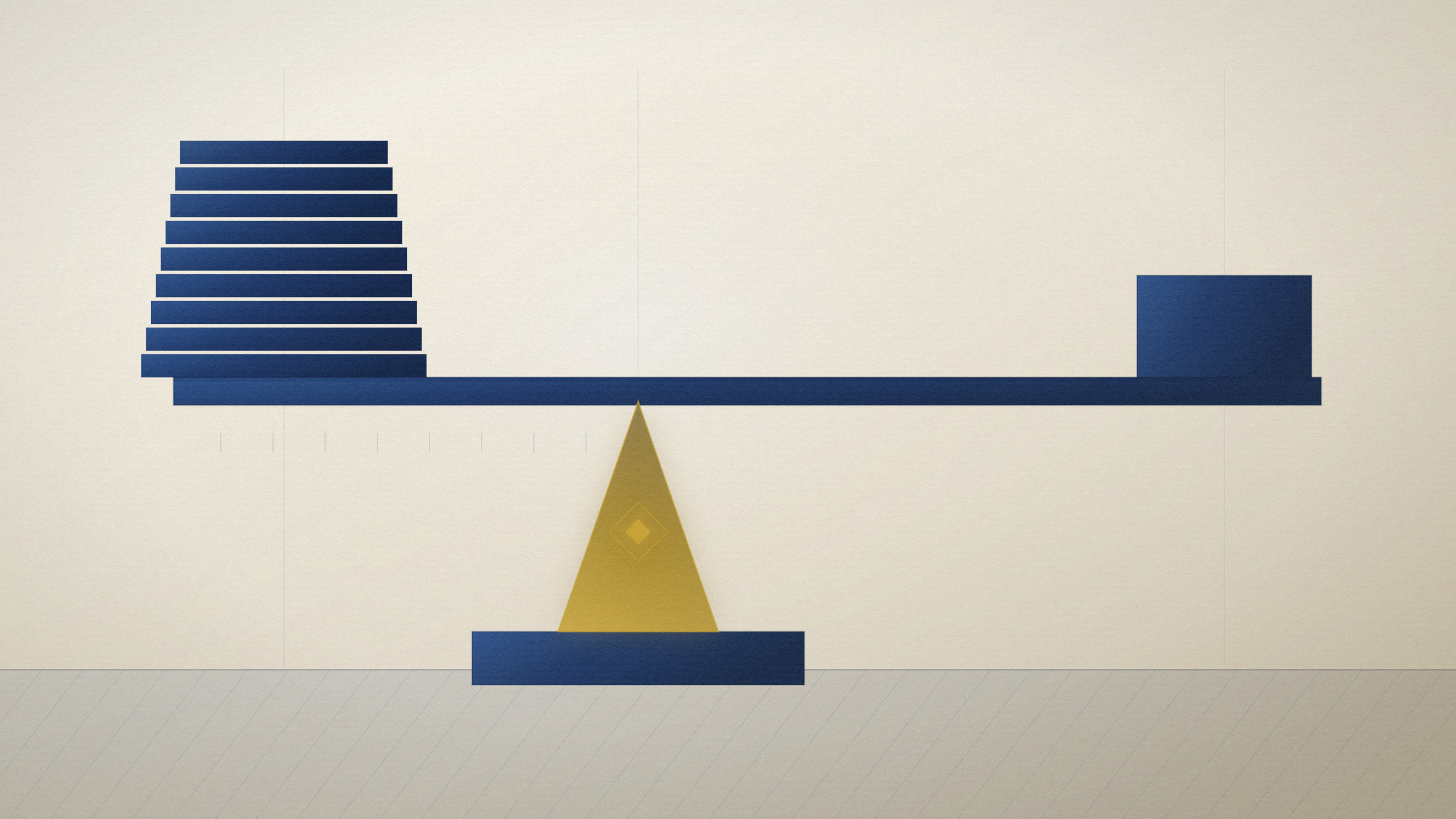 Abstract editorial illustration in navy and gold on a warm parchment field: a long beam balanced on an off-centre wedge.
