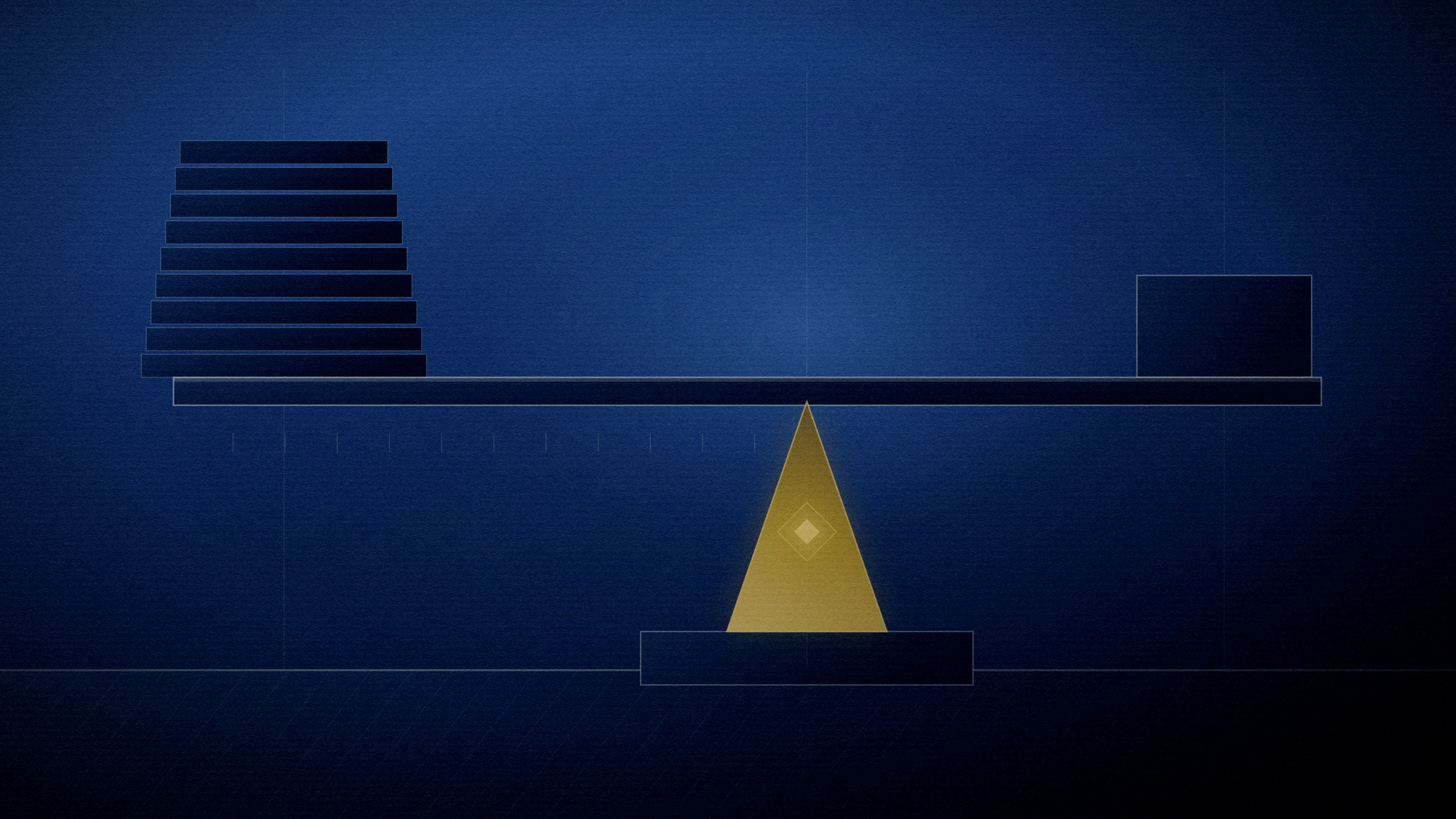 Abstract editorial illustration in navy and gold on a deep navy field: a long beam balanced on an off-centre wedge.