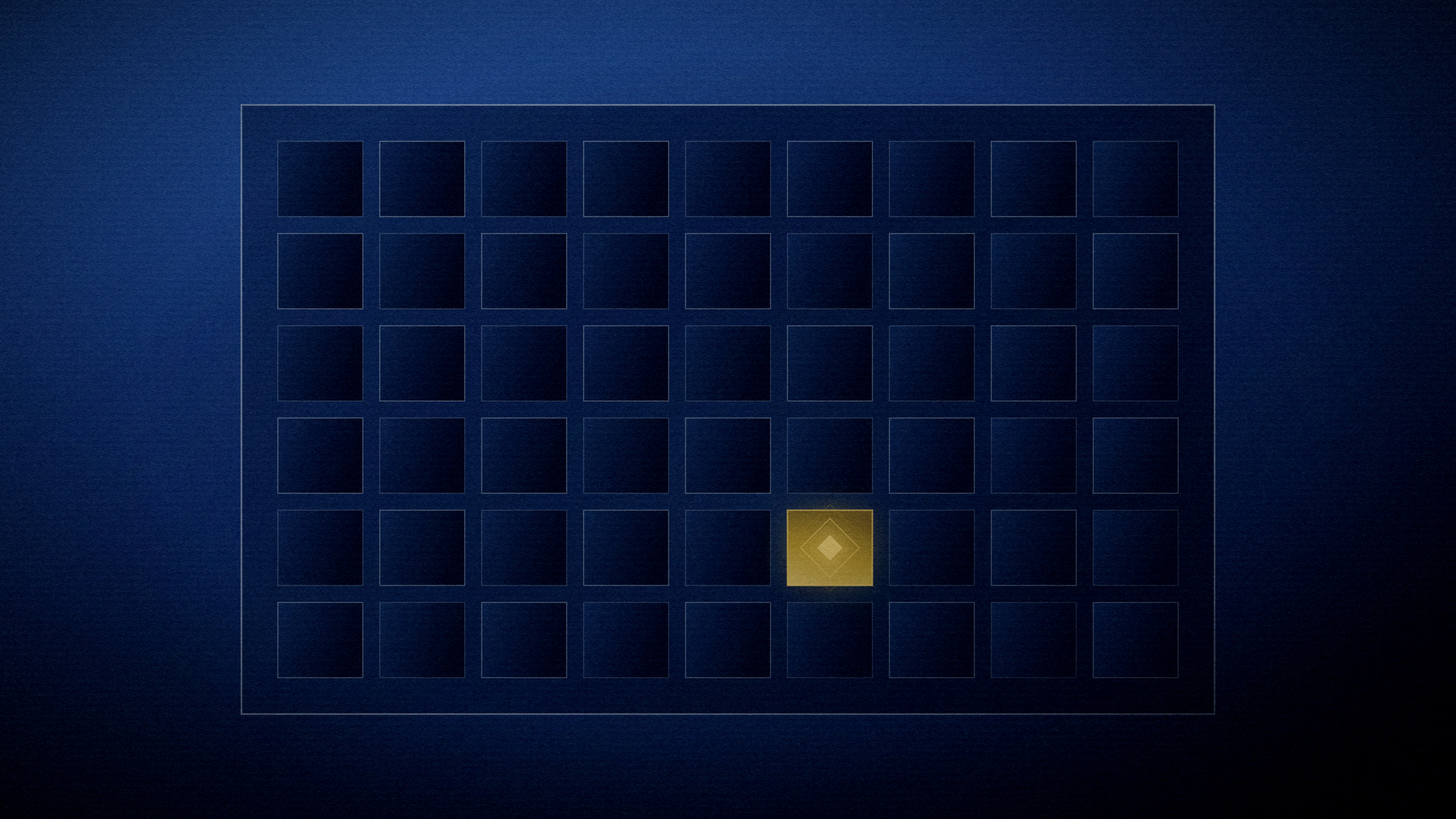 Abstract editorial illustration in navy and gold on a deep navy field: a field of small apertures with one of them open and lit.