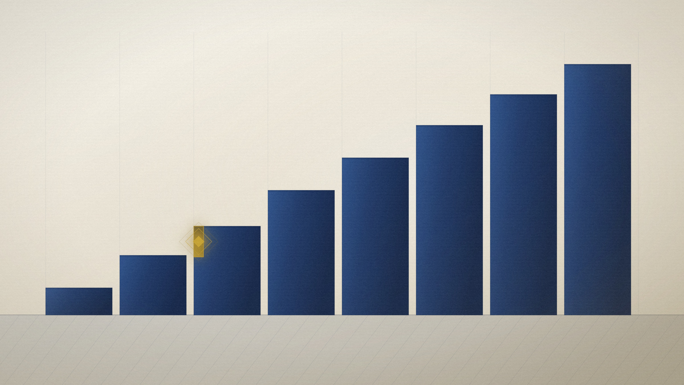 Abstract editorial illustration in navy and gold on a warm parchment field: a flight of ascending platforms with one lit riser.