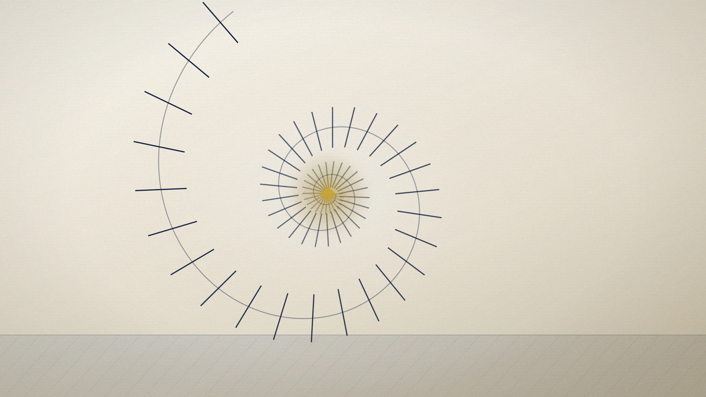 Abstract editorial illustration in navy and gold on a warm parchment field: a logarithmic sweep of ticks widening as it turns.