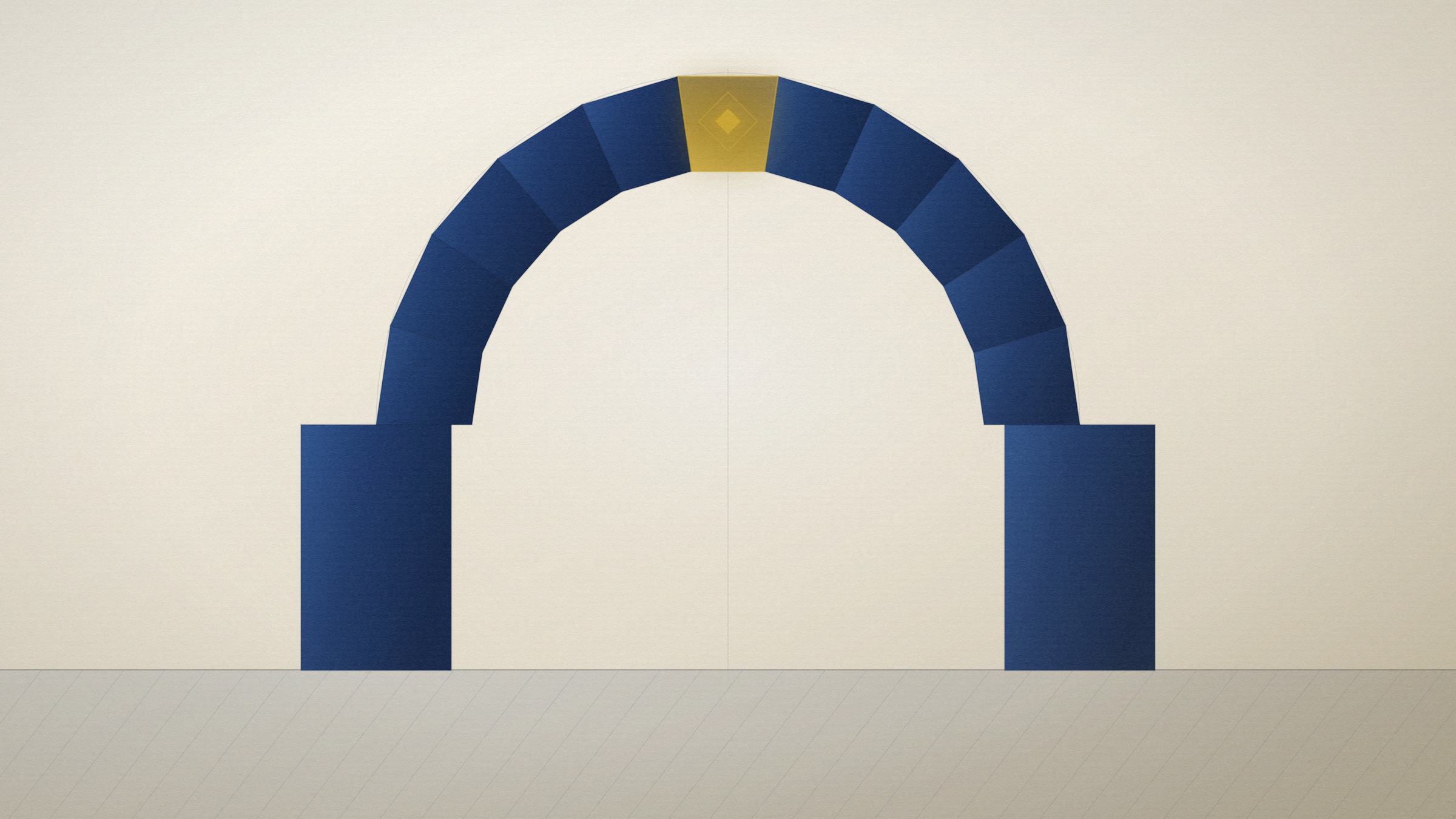 Abstract editorial illustration in navy and gold on a warm parchment field: a span of voussoirs standing on one lit keystone.