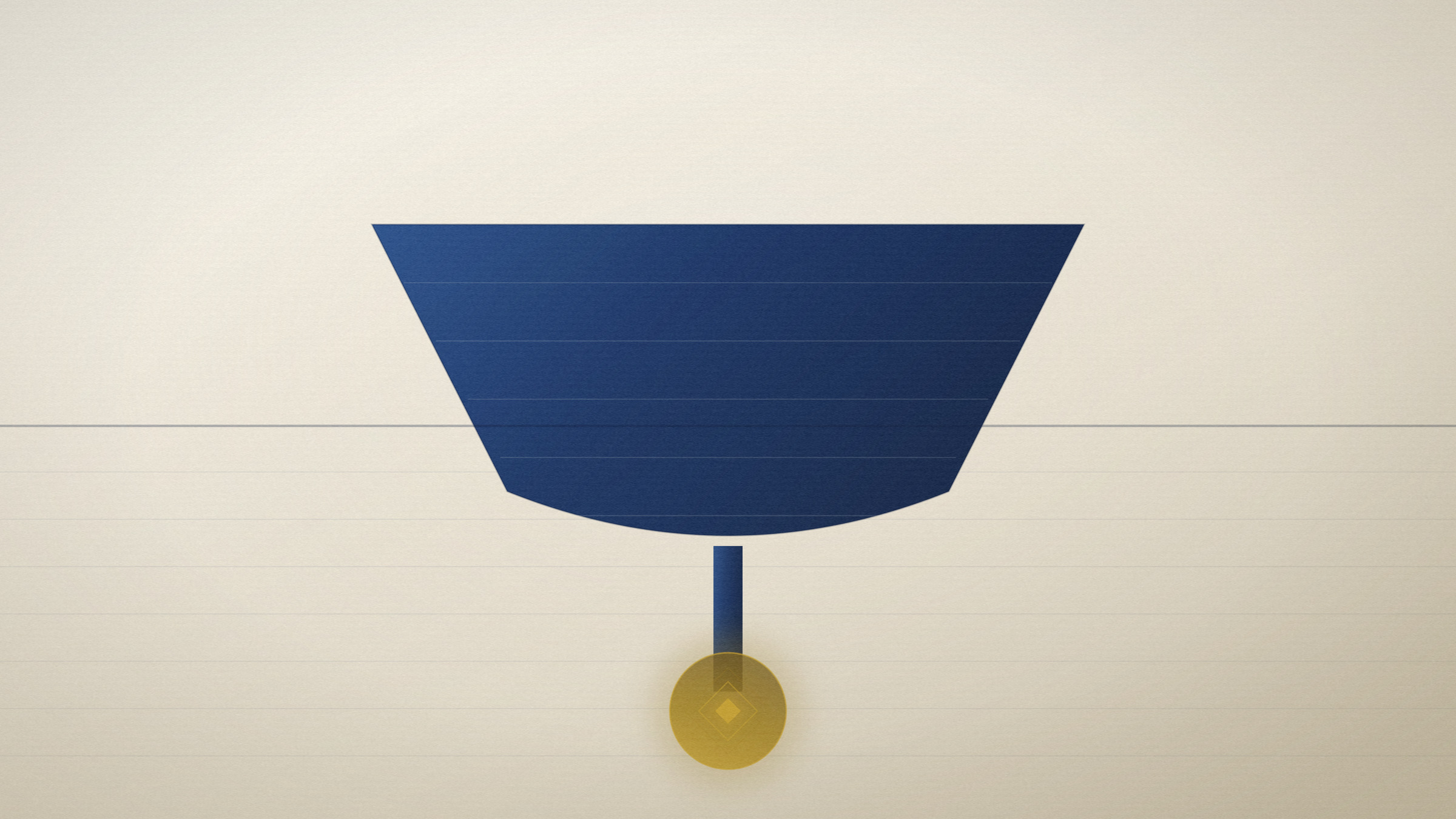 Abstract editorial illustration in navy and gold on a warm parchment field: a hull drawn in section above its lit ballast.
