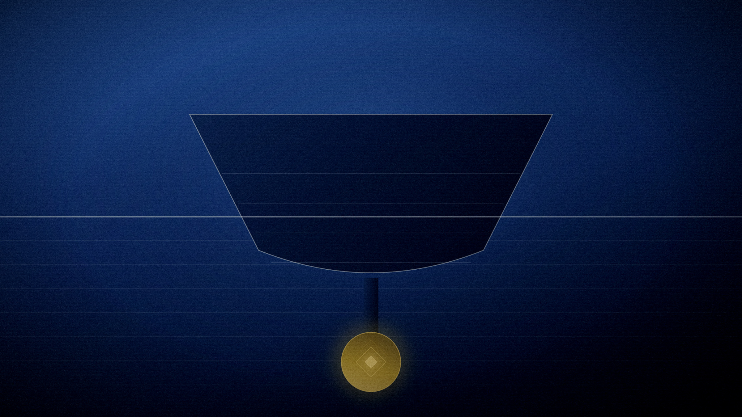 Abstract editorial illustration in navy and gold on a deep navy field: a hull drawn in section above its lit ballast.