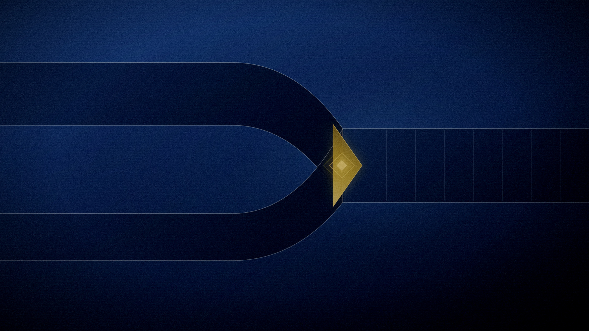 Abstract editorial illustration in navy and gold on a deep navy field: two channels meeting and continuing as one.