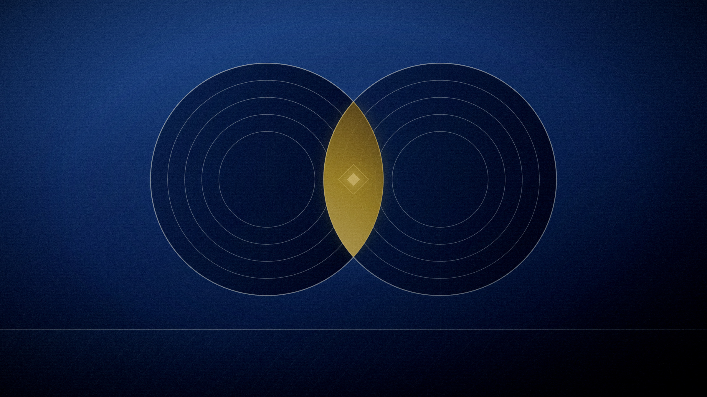 Abstract editorial illustration in navy and gold on a deep navy field: two overlapping discs whose shared lens is lit.