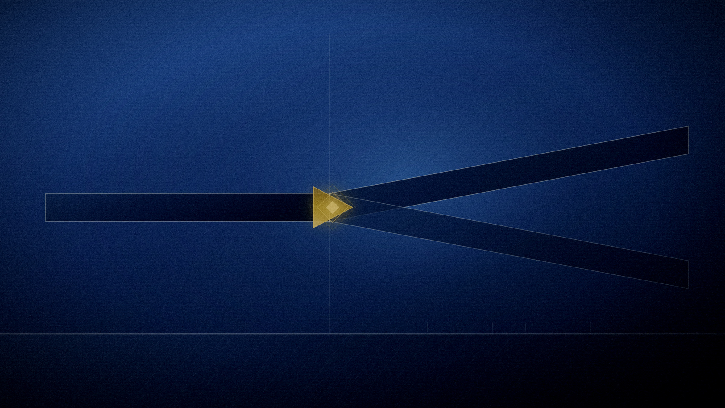 Abstract editorial illustration in navy and gold on a deep navy field: a single rail arriving and dividing into two, the point of divergence lit.