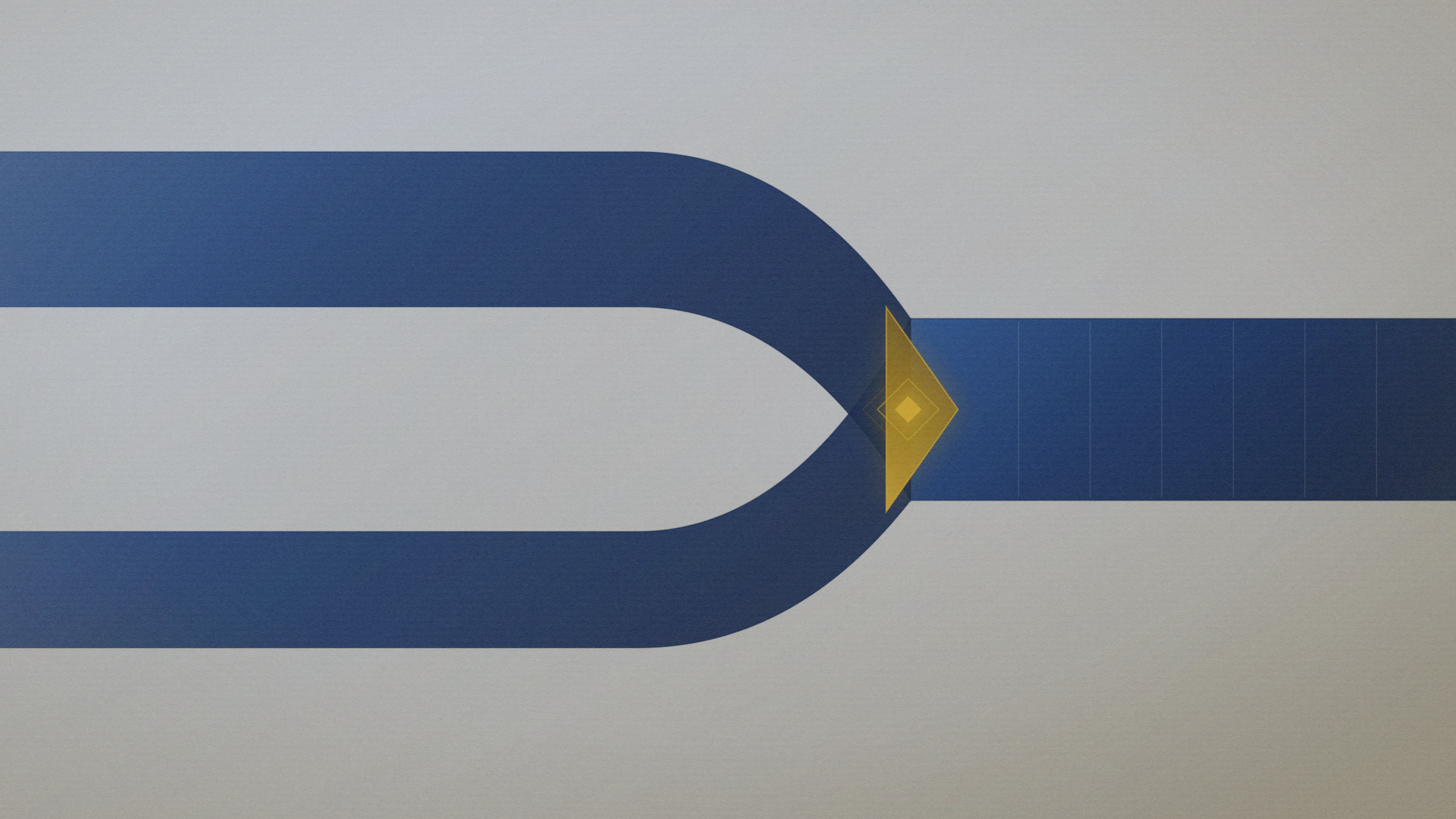 Abstract editorial illustration in navy and gold on a warm parchment field: two channels meeting and continuing as one.