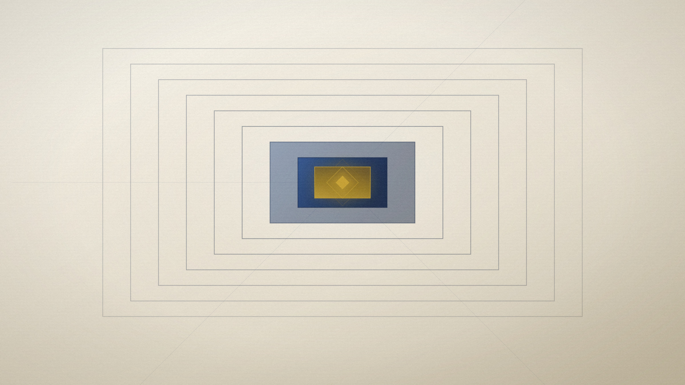 Abstract editorial illustration in navy and gold on a warm parchment field: nested frames receding inward to a lit core.