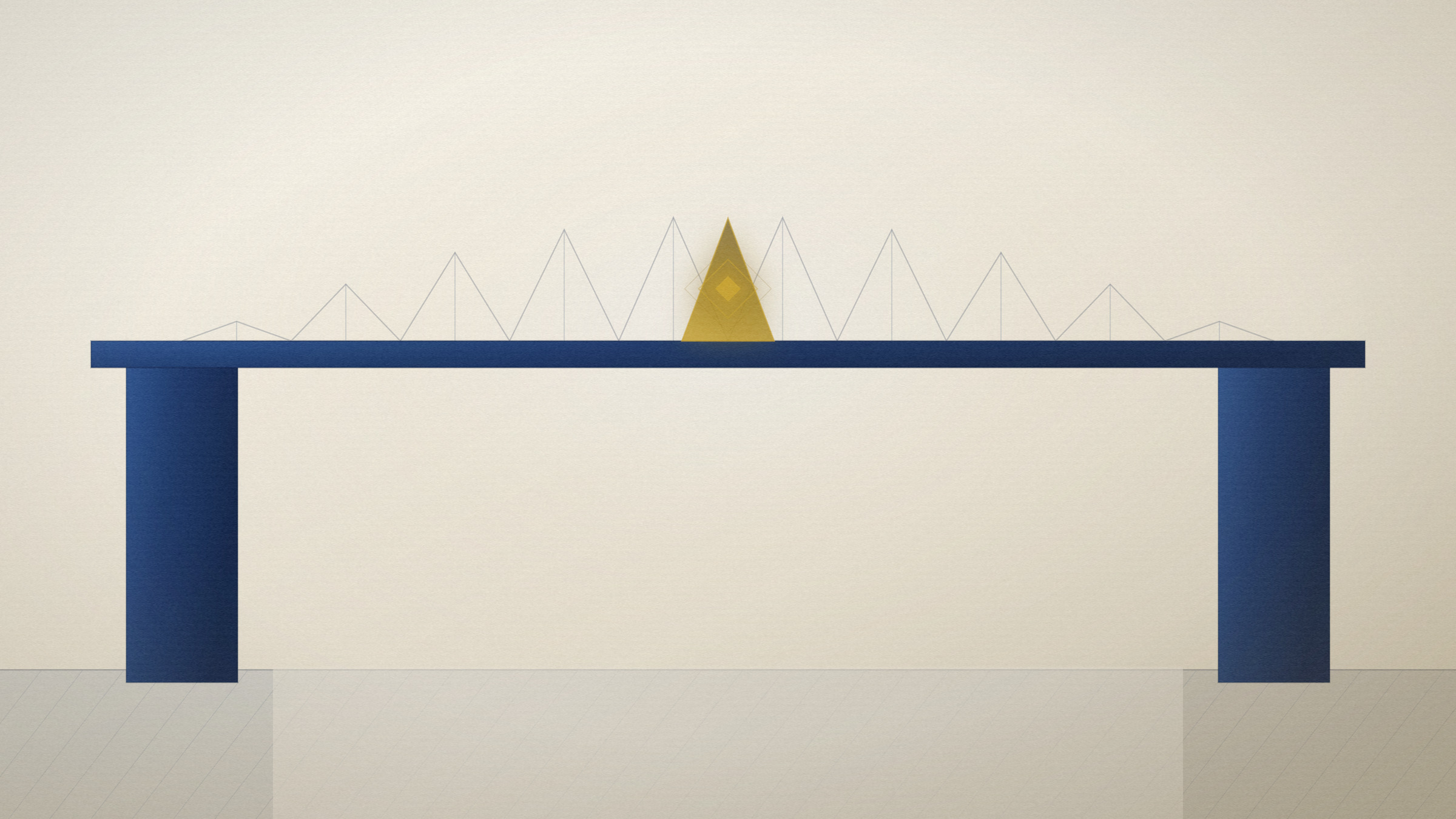 Abstract editorial illustration in navy and gold on a warm parchment field: a truss carried across a gap, the lit joint at midspan.