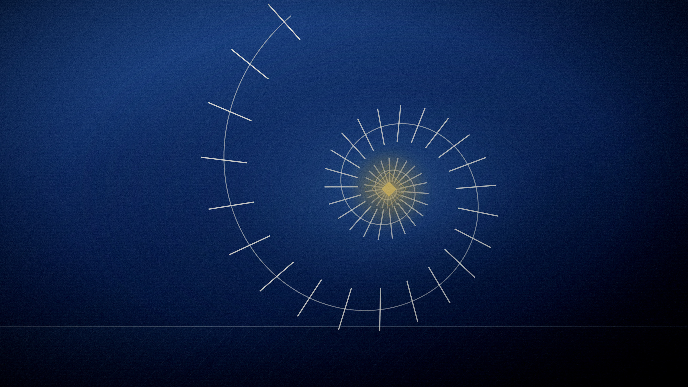 Abstract editorial illustration in navy and gold on a deep navy field: a logarithmic sweep of ticks widening as it turns.