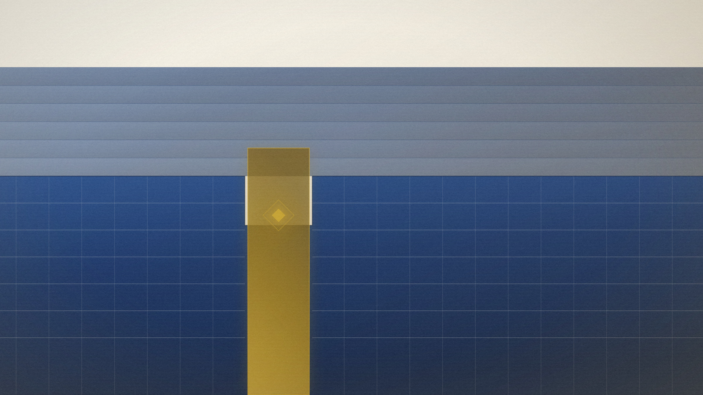 Abstract editorial illustration in navy and gold on a warm parchment field: a long wall holding everything back except a single lit spillway.