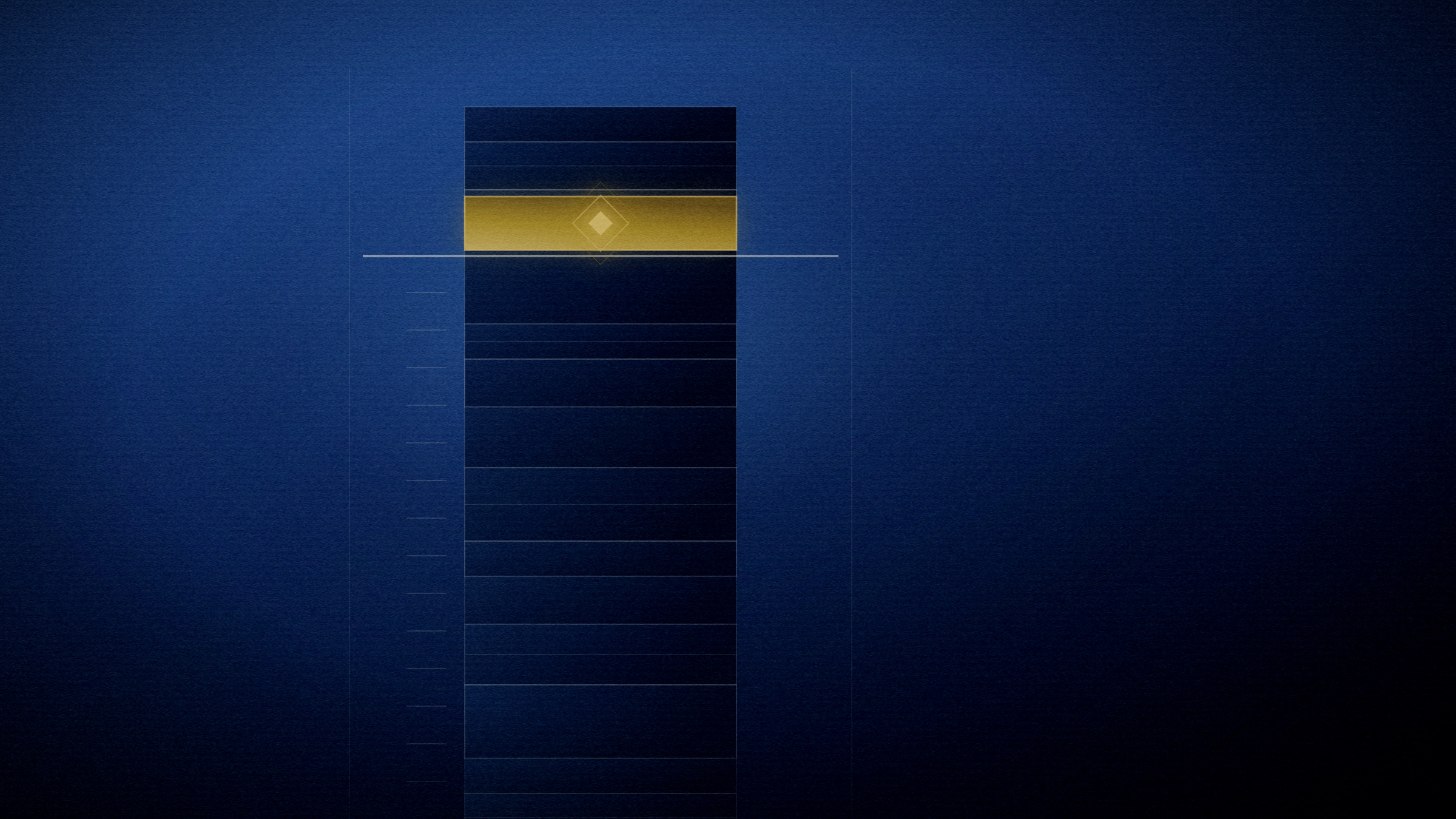 Abstract editorial illustration in navy and gold on a deep navy field: a tall core sample running off the top of the frame, one band lit high on the shaft.