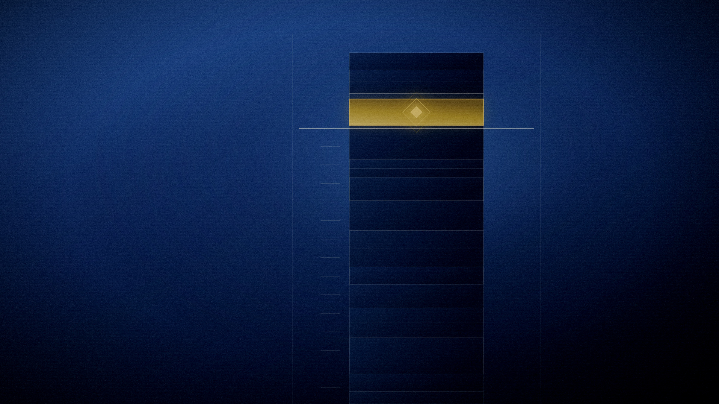 Abstract editorial illustration in navy and gold on a deep navy field: a tall core sample running off the top of the frame, one band lit high on the shaft.