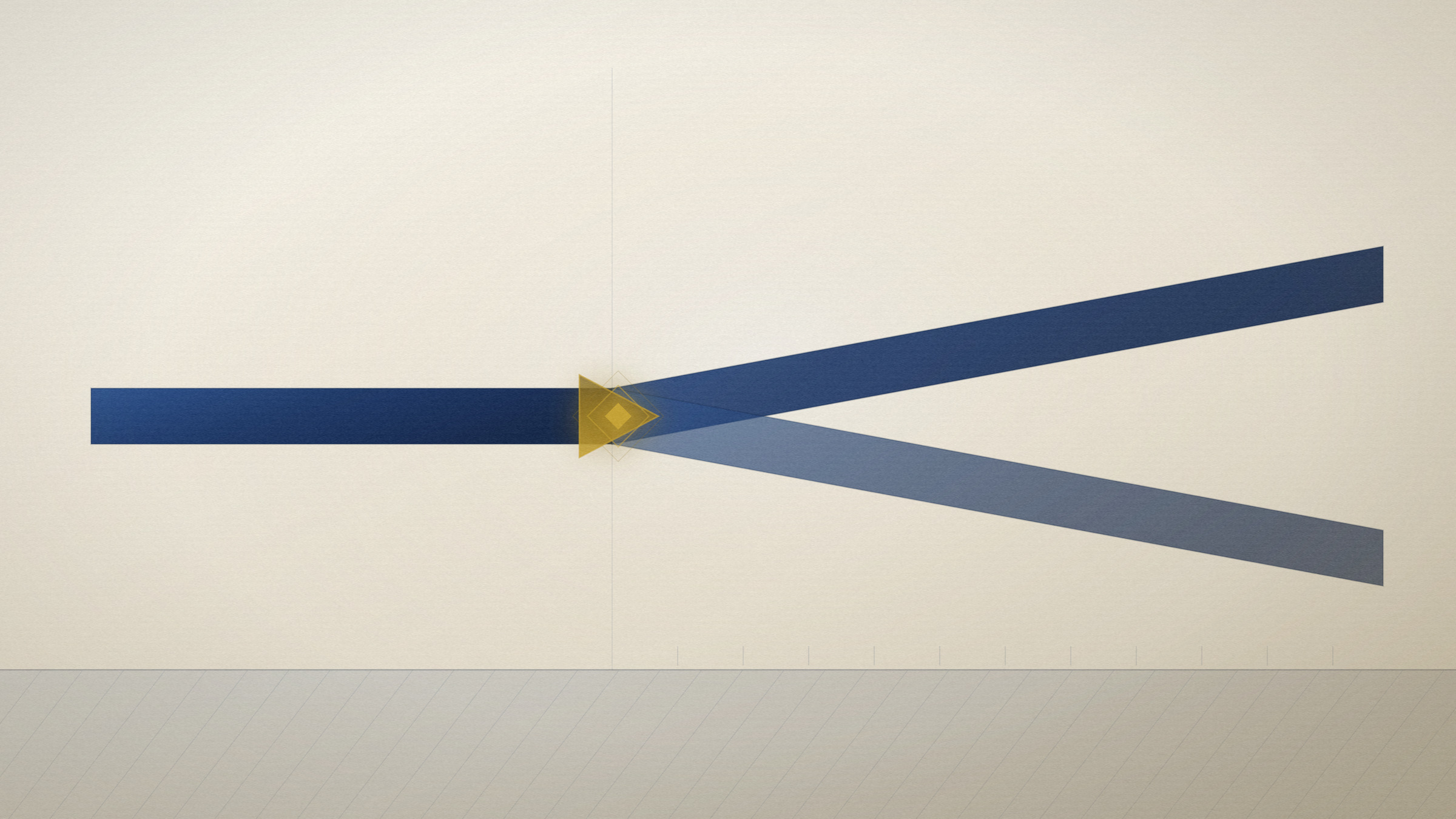 Abstract editorial illustration in navy and gold on a warm parchment field: a single rail arriving and dividing into two, the point of divergence lit.