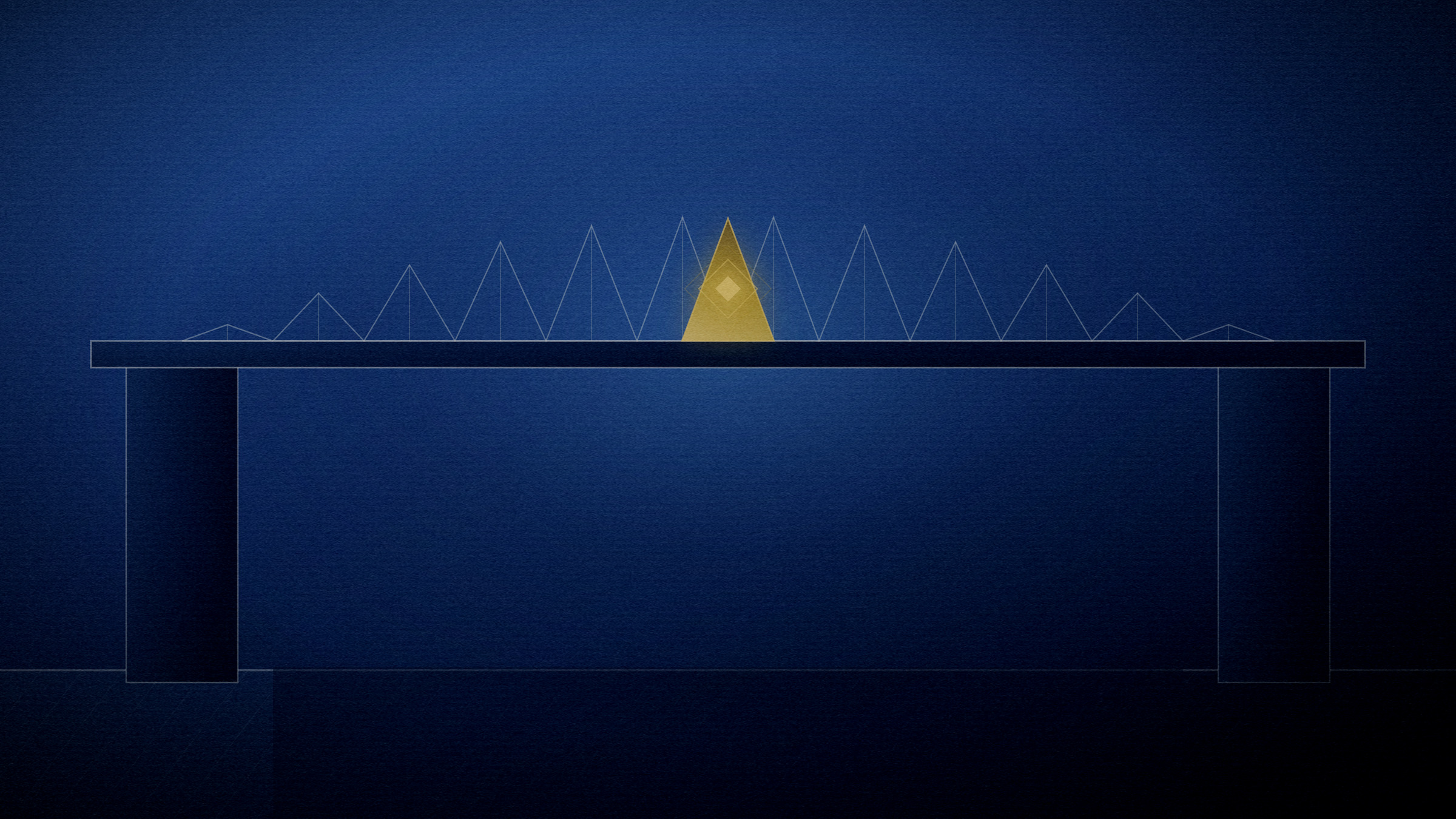Abstract editorial illustration in navy and gold on a deep navy field: a truss carried across a gap, the lit joint at midspan.