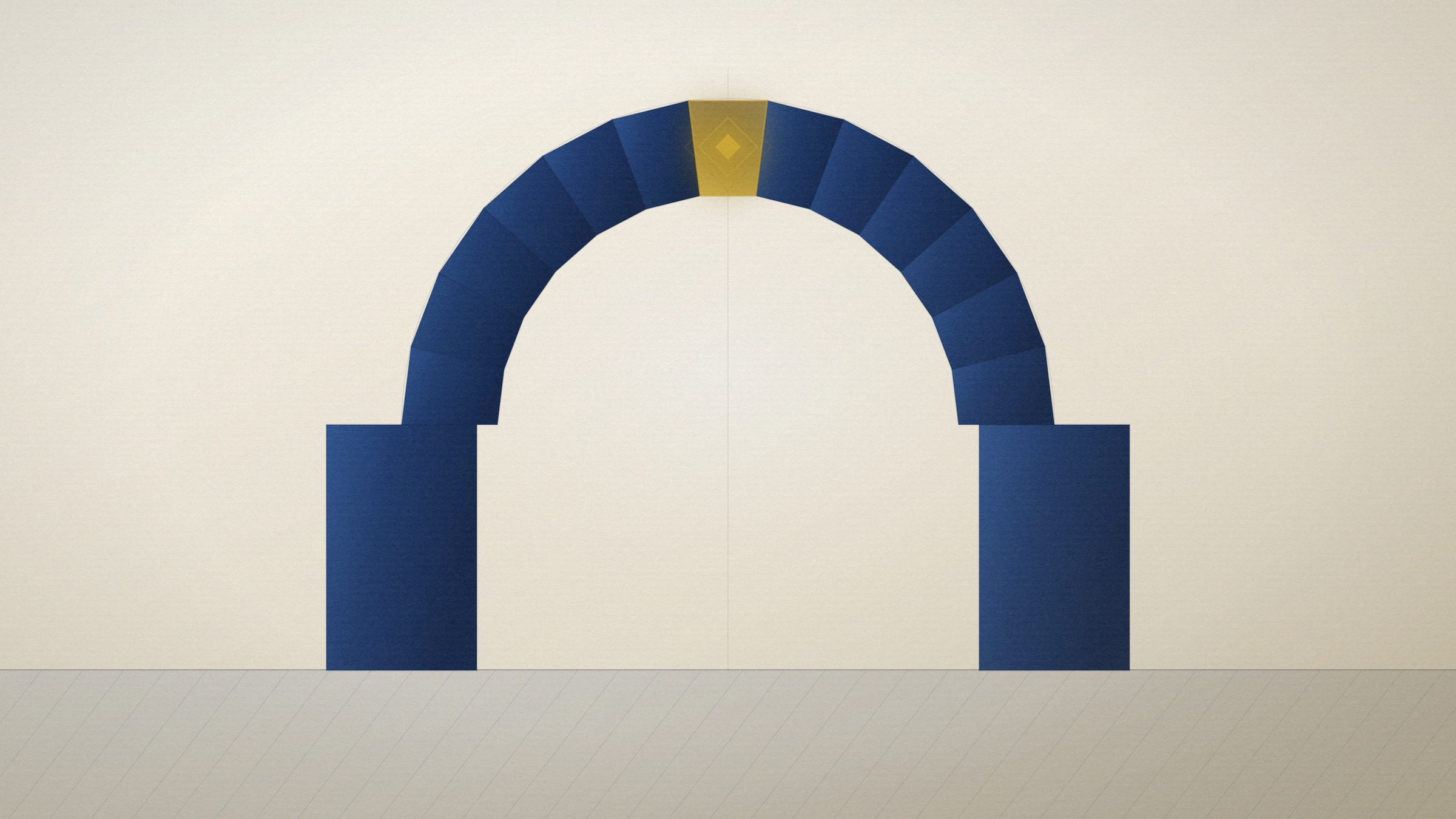 Abstract editorial illustration in navy and gold on a warm parchment field: a span of voussoirs standing on one lit keystone.