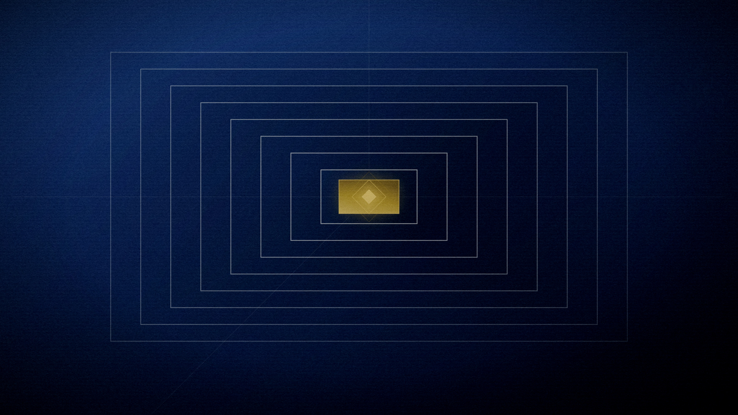 Abstract editorial illustration in navy and gold on a deep navy field: nested frames receding inward to a lit core.