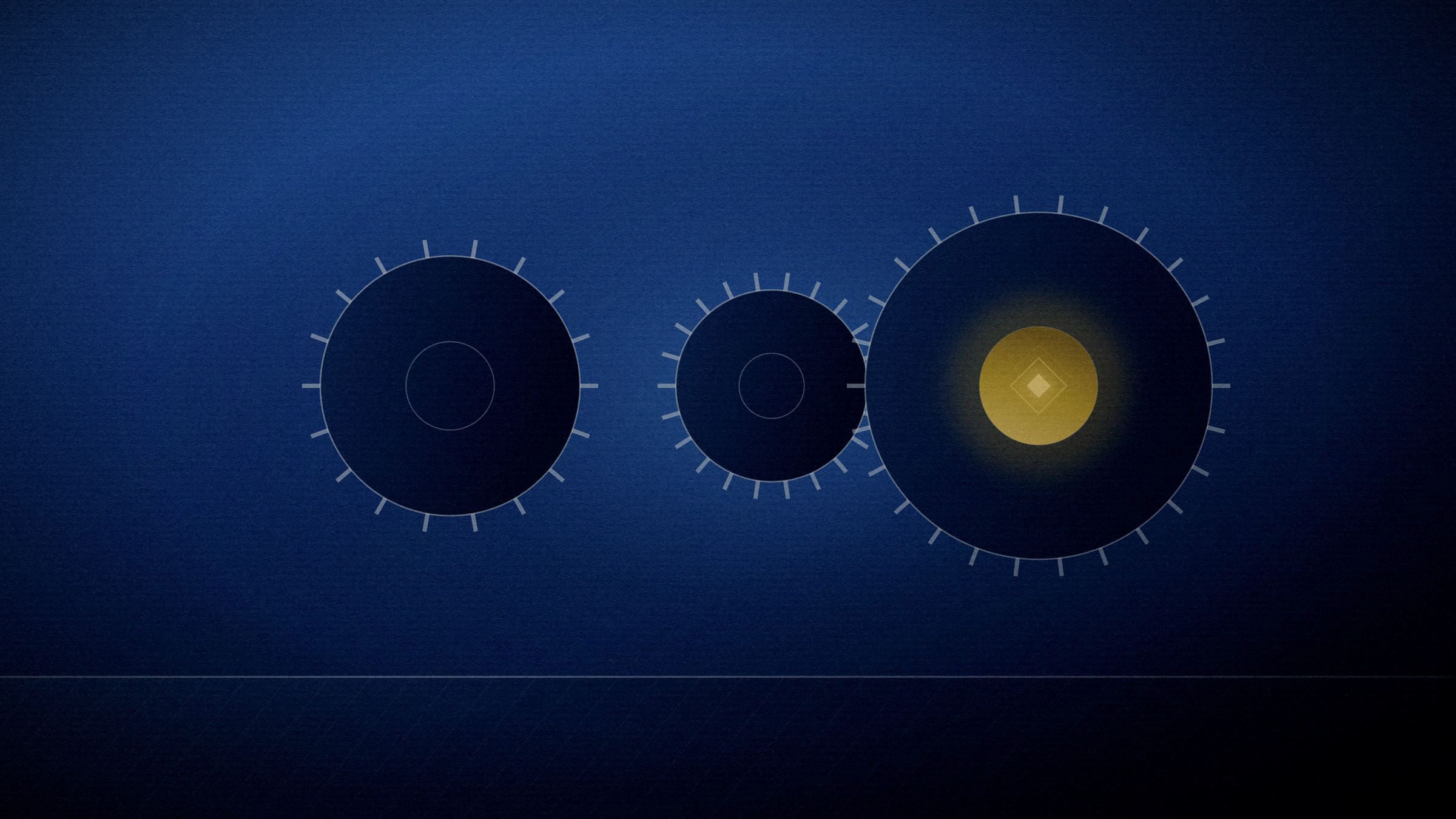 Abstract editorial illustration in navy and gold on a deep navy field: three meshed rotors of different sizes, the smallest one lit.