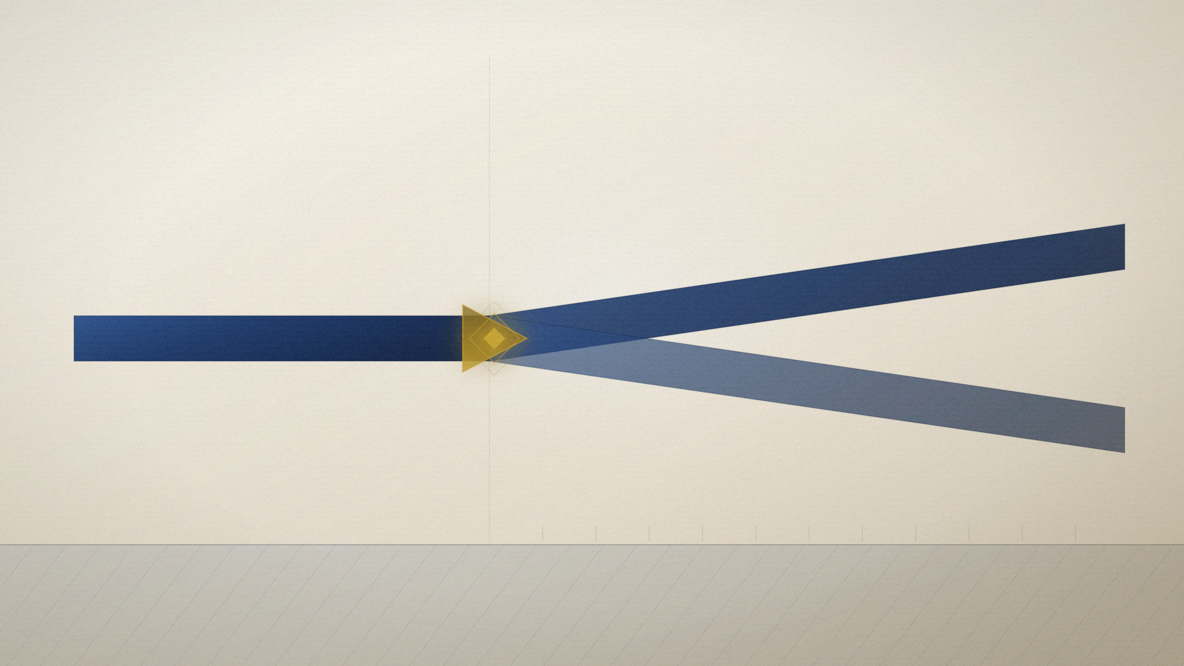 Abstract editorial illustration in navy and gold on a warm parchment field: a single rail arriving and dividing into two, the point of divergence lit.