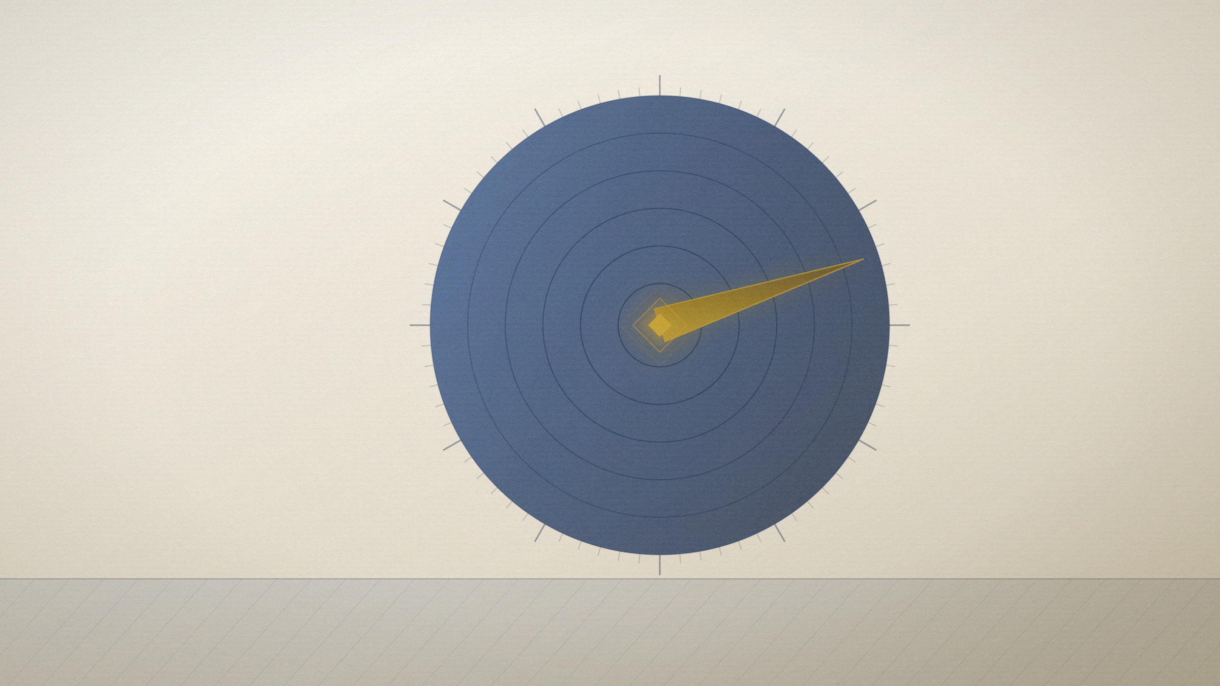 Abstract editorial illustration in navy and gold on a warm parchment field: concentric rings crossed by one radial needle.