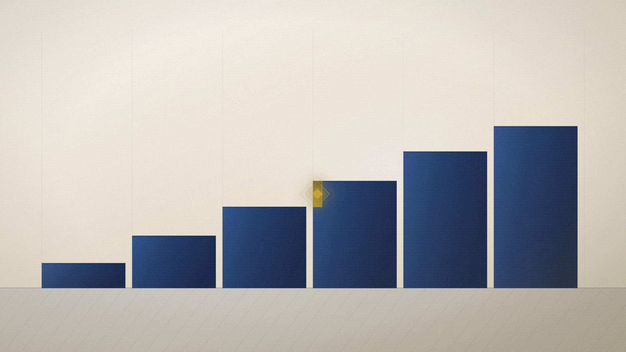 Abstract editorial illustration in navy and gold on a warm parchment field: a flight of ascending platforms with one lit riser.