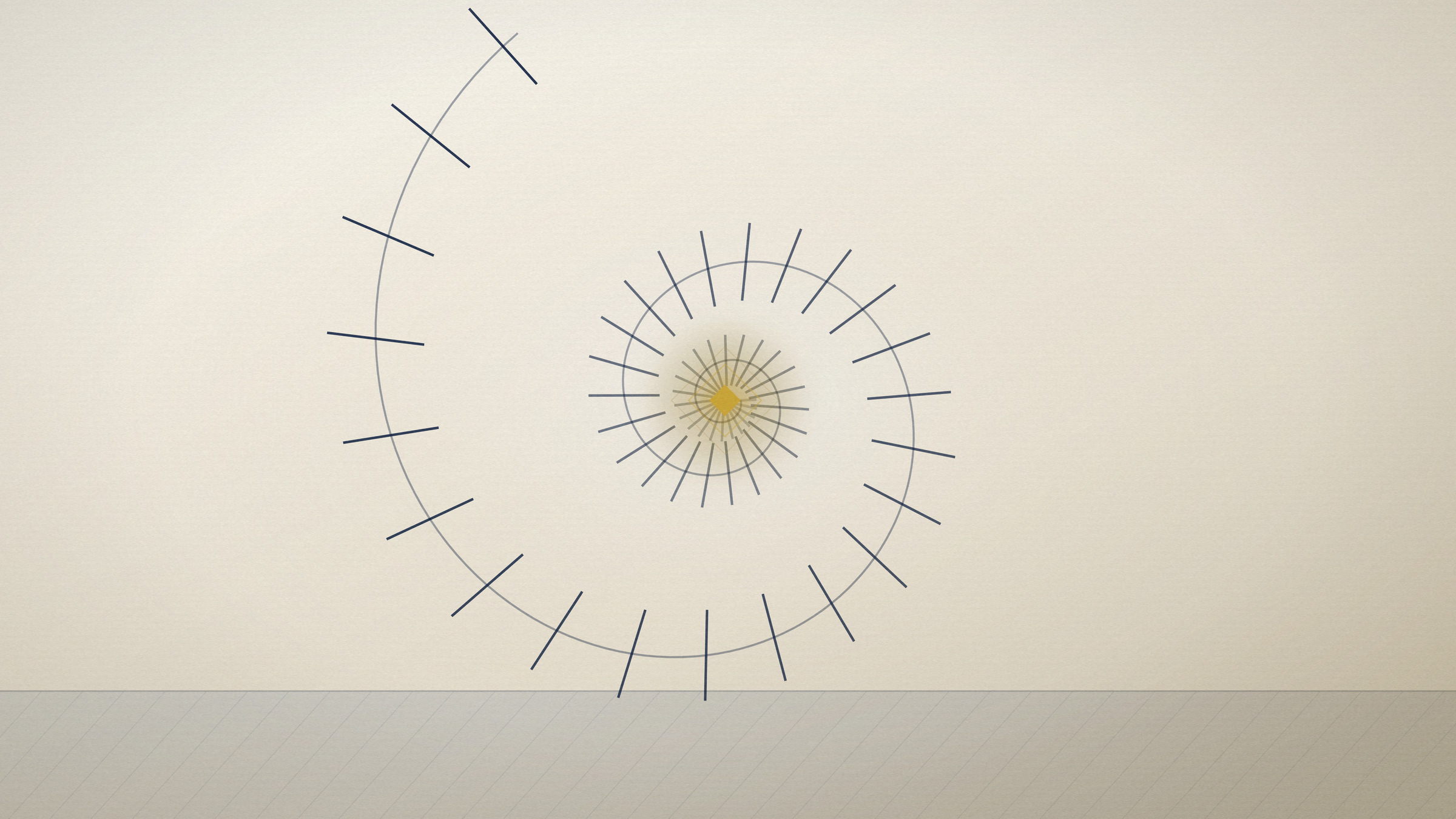 Abstract editorial illustration in navy and gold on a warm parchment field: a logarithmic sweep of ticks widening as it turns.