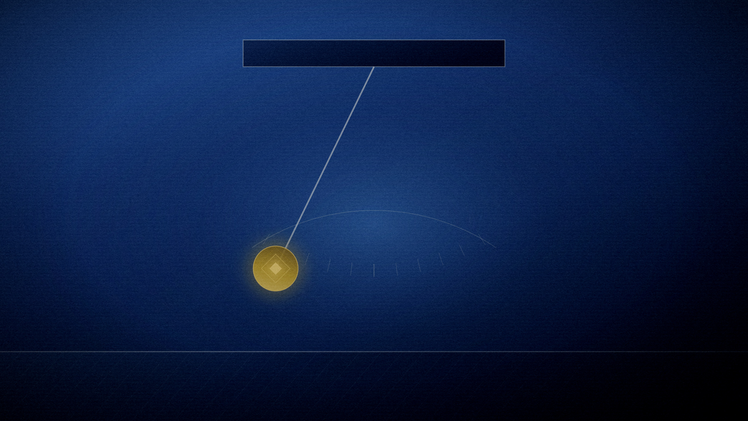 Abstract editorial illustration in navy and gold on a deep navy field: a swept arc above a bob hanging at rest.