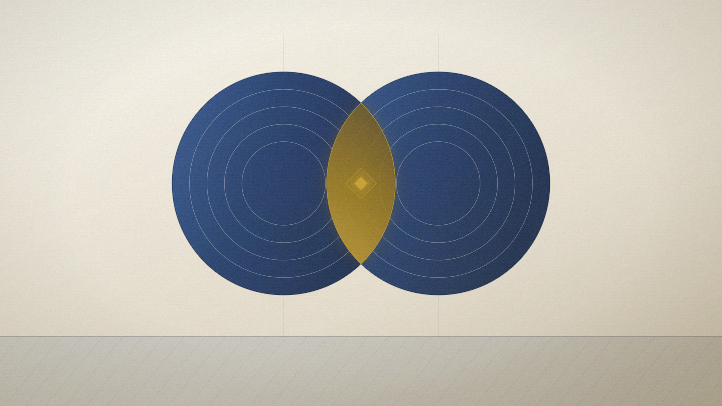 Abstract editorial illustration in navy and gold on a warm parchment field: two overlapping discs whose shared lens is lit.