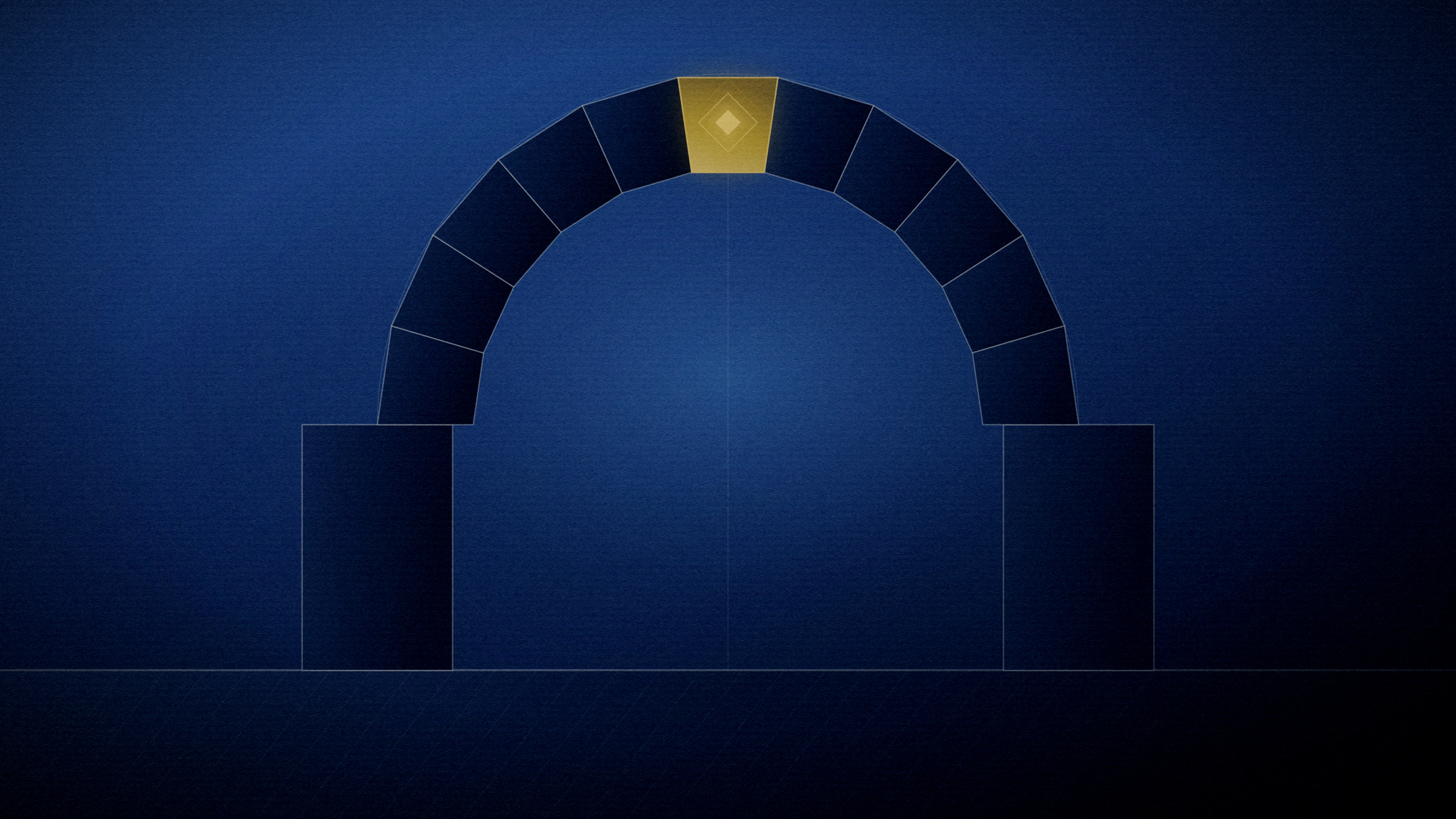Abstract editorial illustration in navy and gold on a deep navy field: a span of voussoirs standing on one lit keystone.