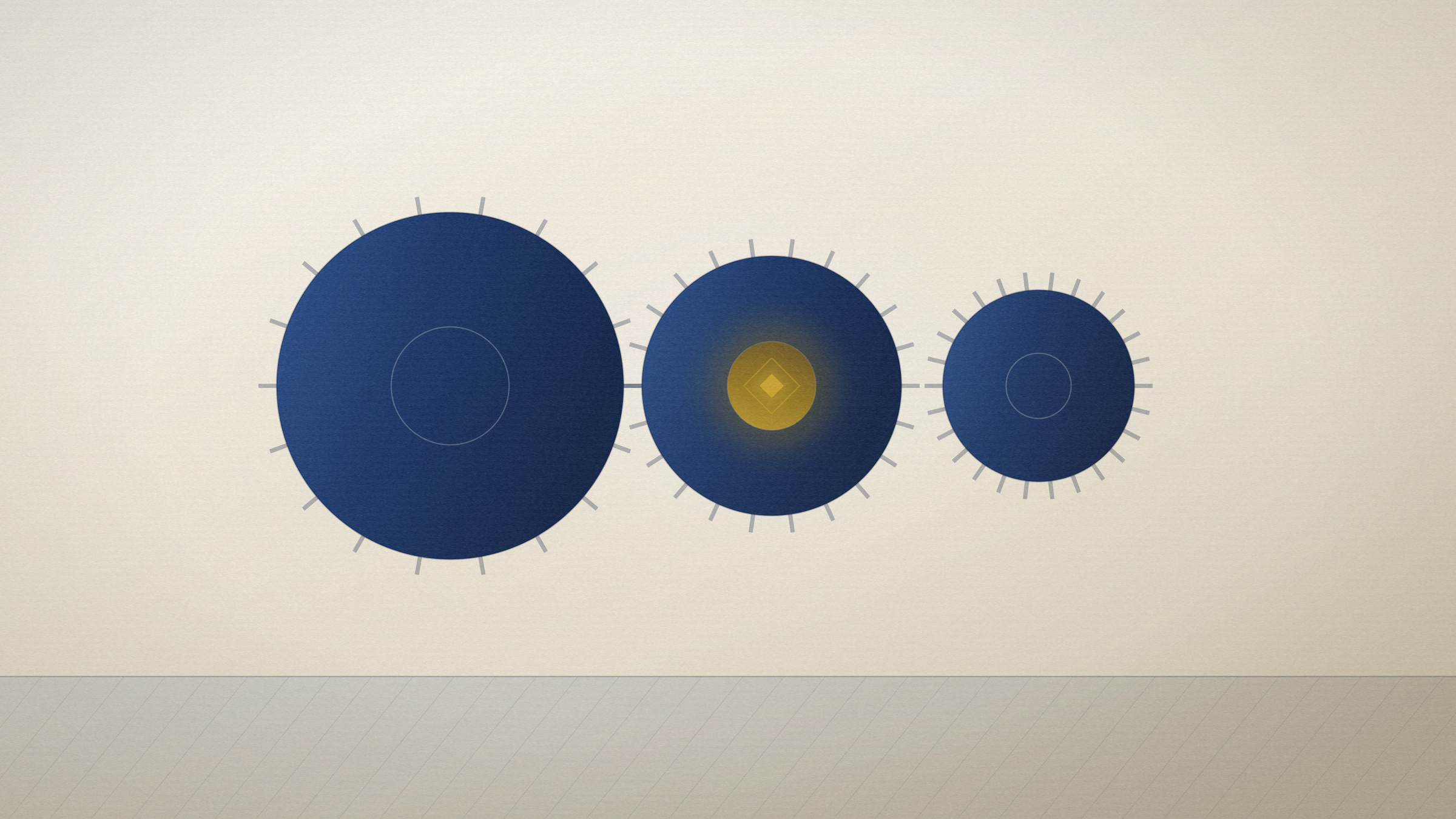 Abstract editorial illustration in navy and gold on a warm parchment field: three meshed rotors of different sizes, the smallest one lit.