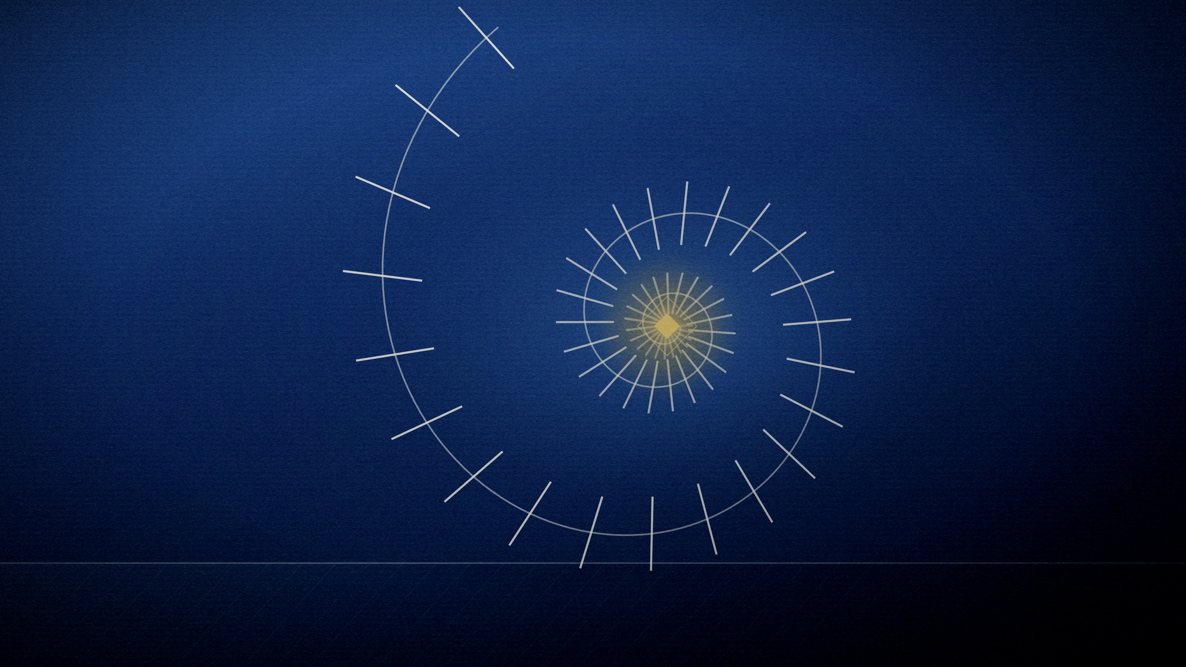 Abstract editorial illustration in navy and gold on a deep navy field: a logarithmic sweep of ticks widening as it turns.