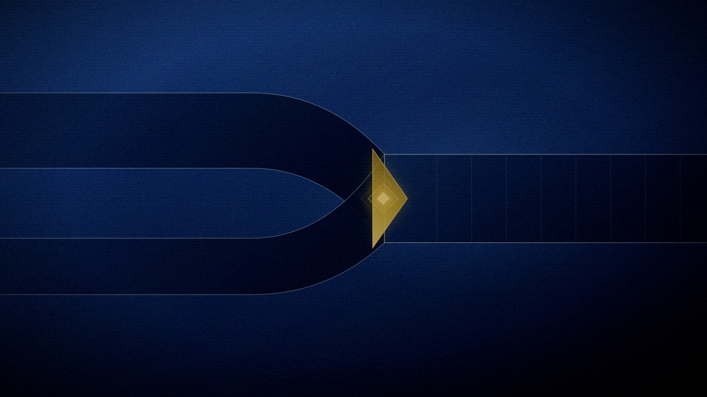 Abstract editorial illustration in navy and gold on a deep navy field: two channels meeting and continuing as one.