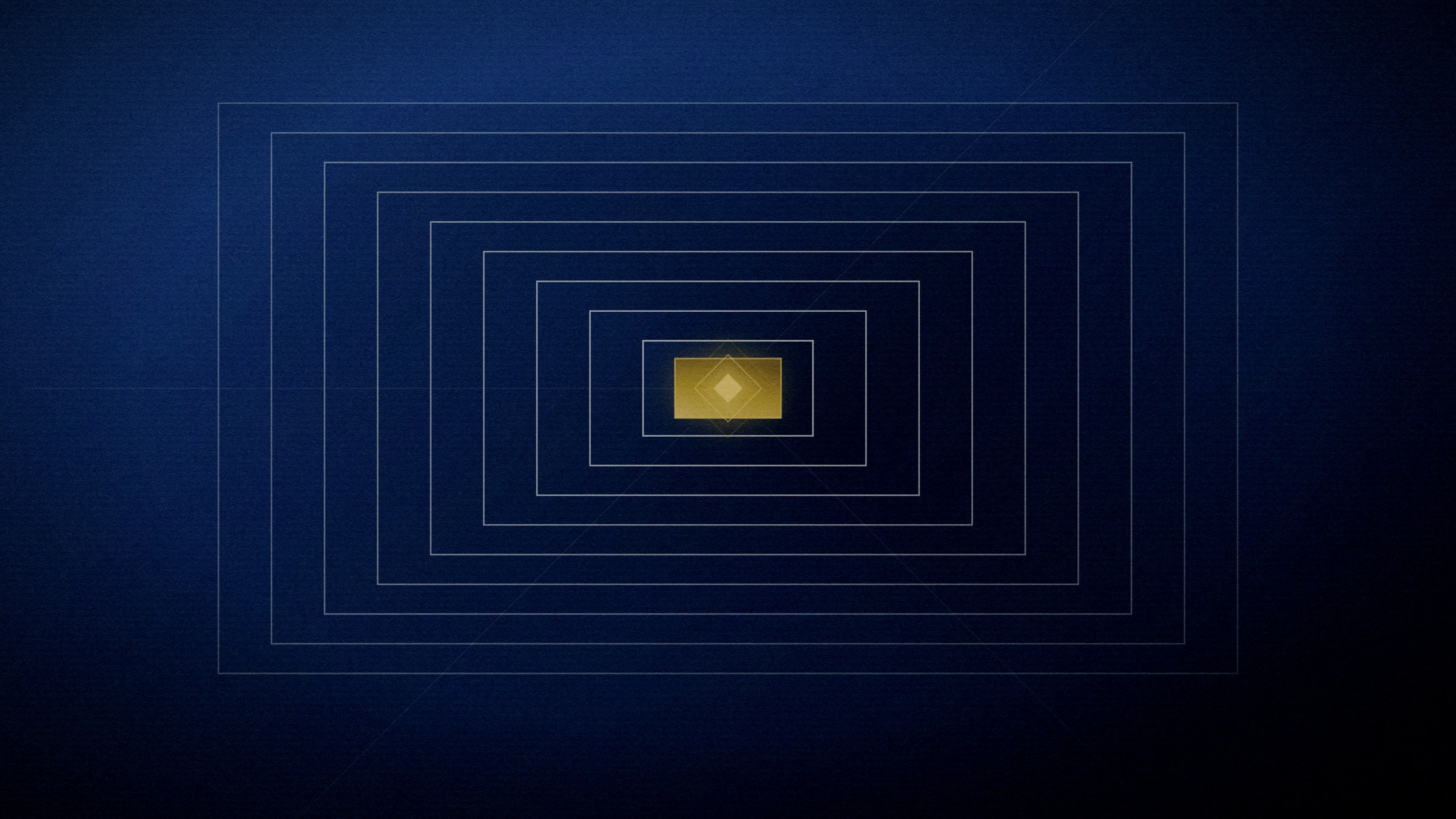 Abstract editorial illustration in navy and gold on a deep navy field: nested frames receding inward to a lit core.
