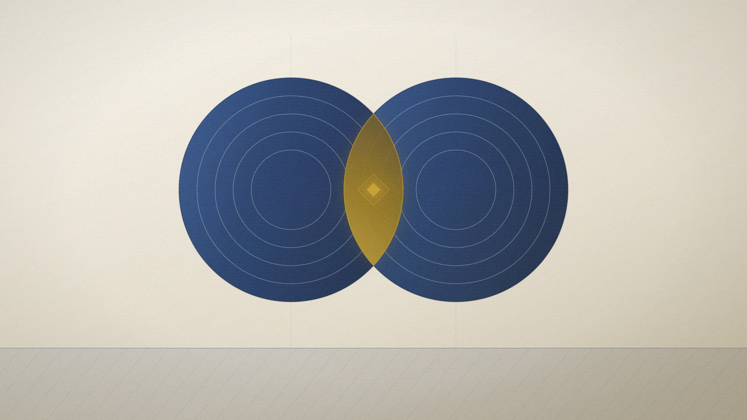 Abstract editorial illustration in navy and gold on a warm parchment field: two overlapping discs whose shared lens is lit.