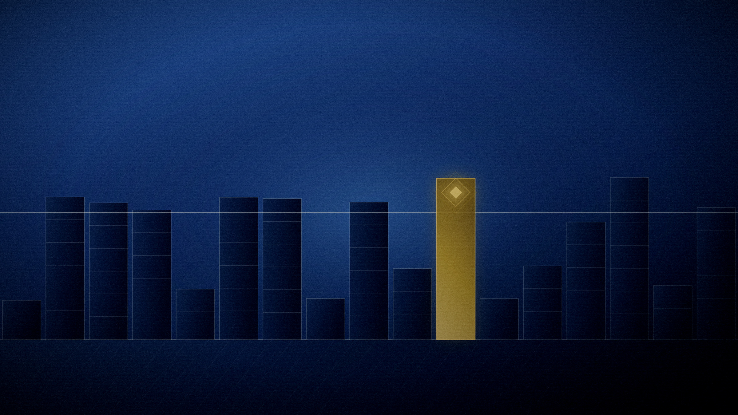 Abstract editorial illustration in navy and gold on a deep navy field: a low skyline standing against a ruled datum line.