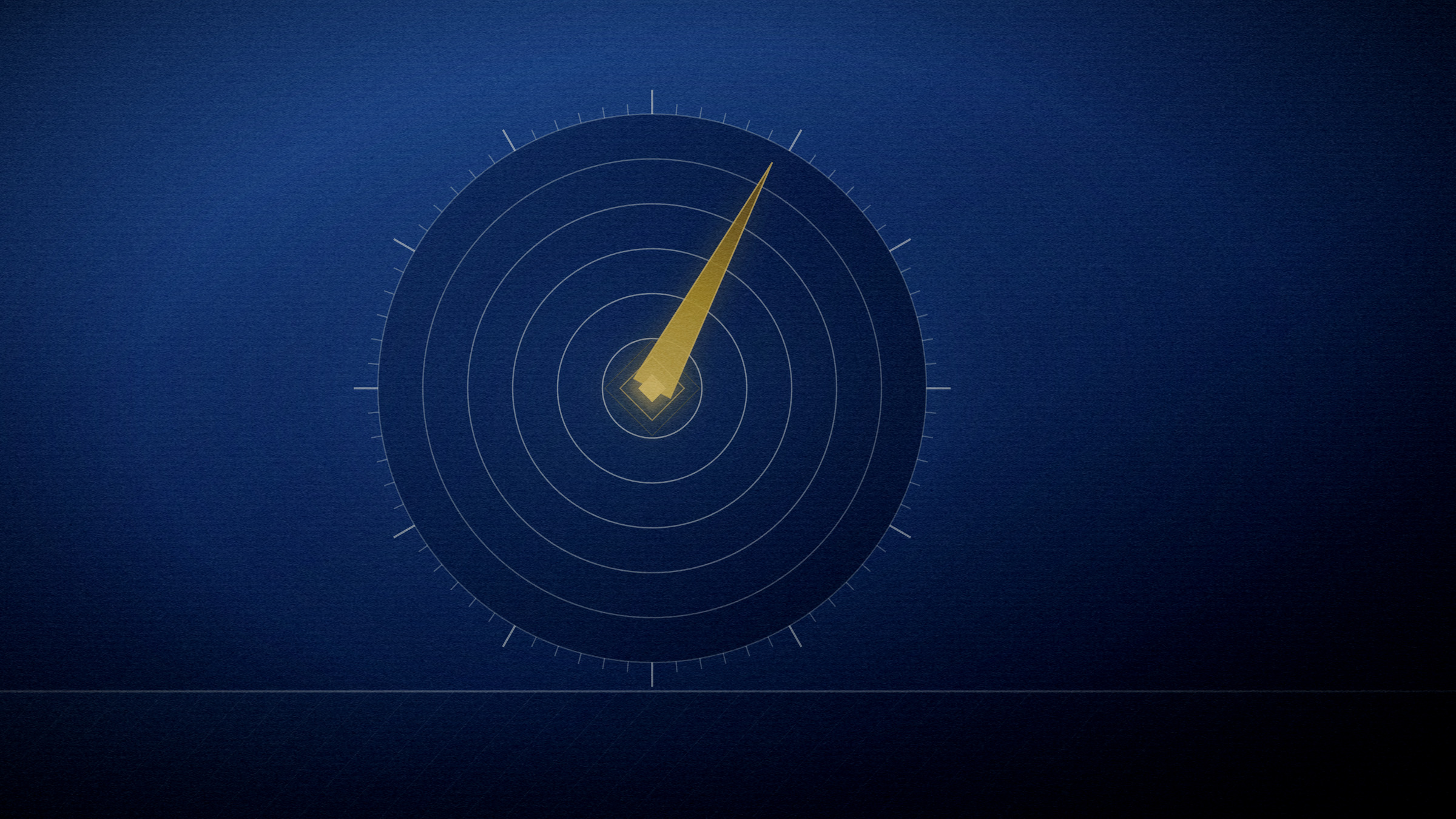 Abstract editorial illustration in navy and gold on a deep navy field: concentric rings crossed by one radial needle.