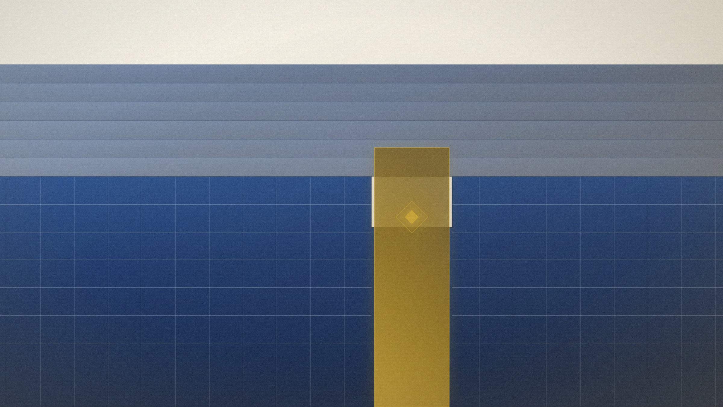 Abstract editorial illustration in navy and gold on a warm parchment field: a long wall holding everything back except a single lit spillway.