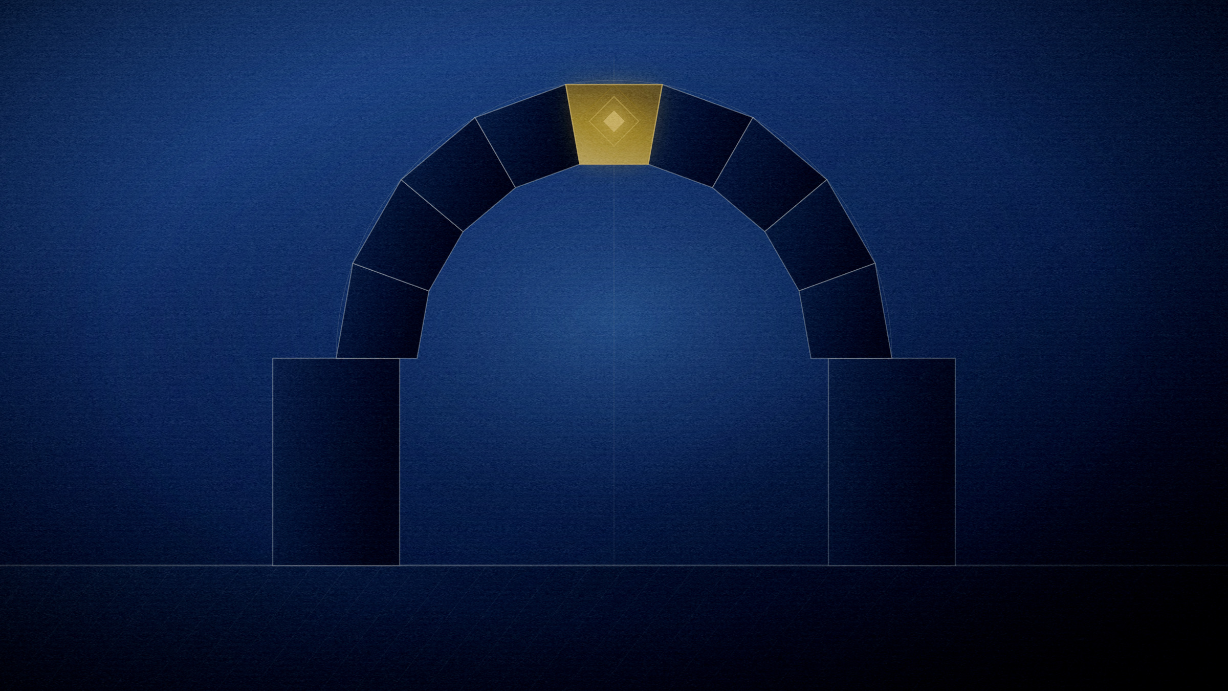 Abstract editorial illustration in navy and gold on a deep navy field: a span of voussoirs standing on one lit keystone.
