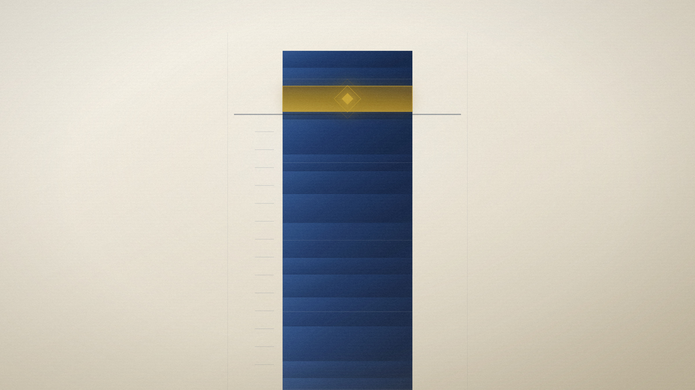 Abstract editorial illustration in navy and gold on a warm parchment field: a tall core sample running off the top of the frame, one band lit high on the shaft.