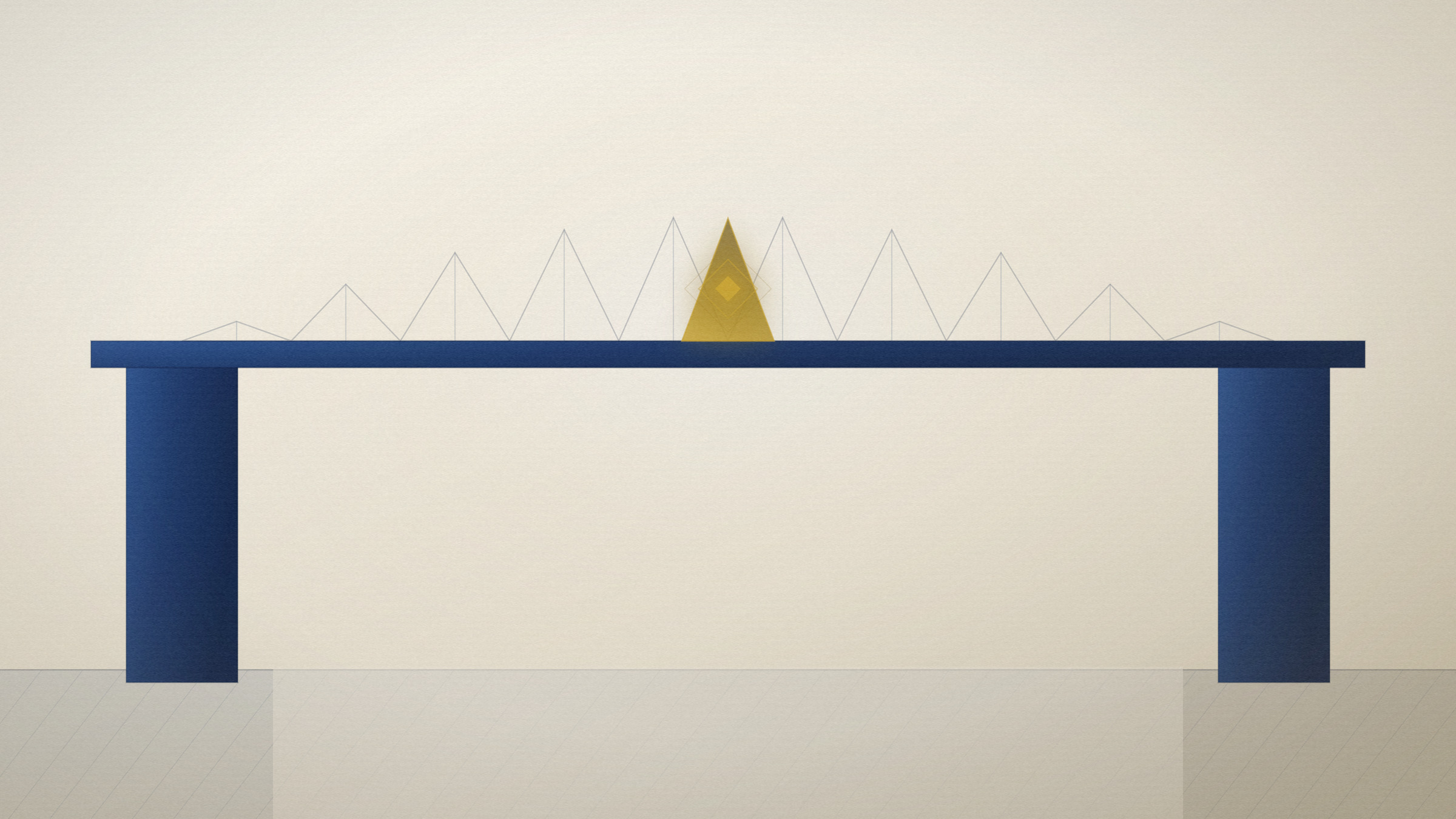Abstract editorial illustration in navy and gold on a warm parchment field: a truss carried across a gap, the lit joint at midspan.
