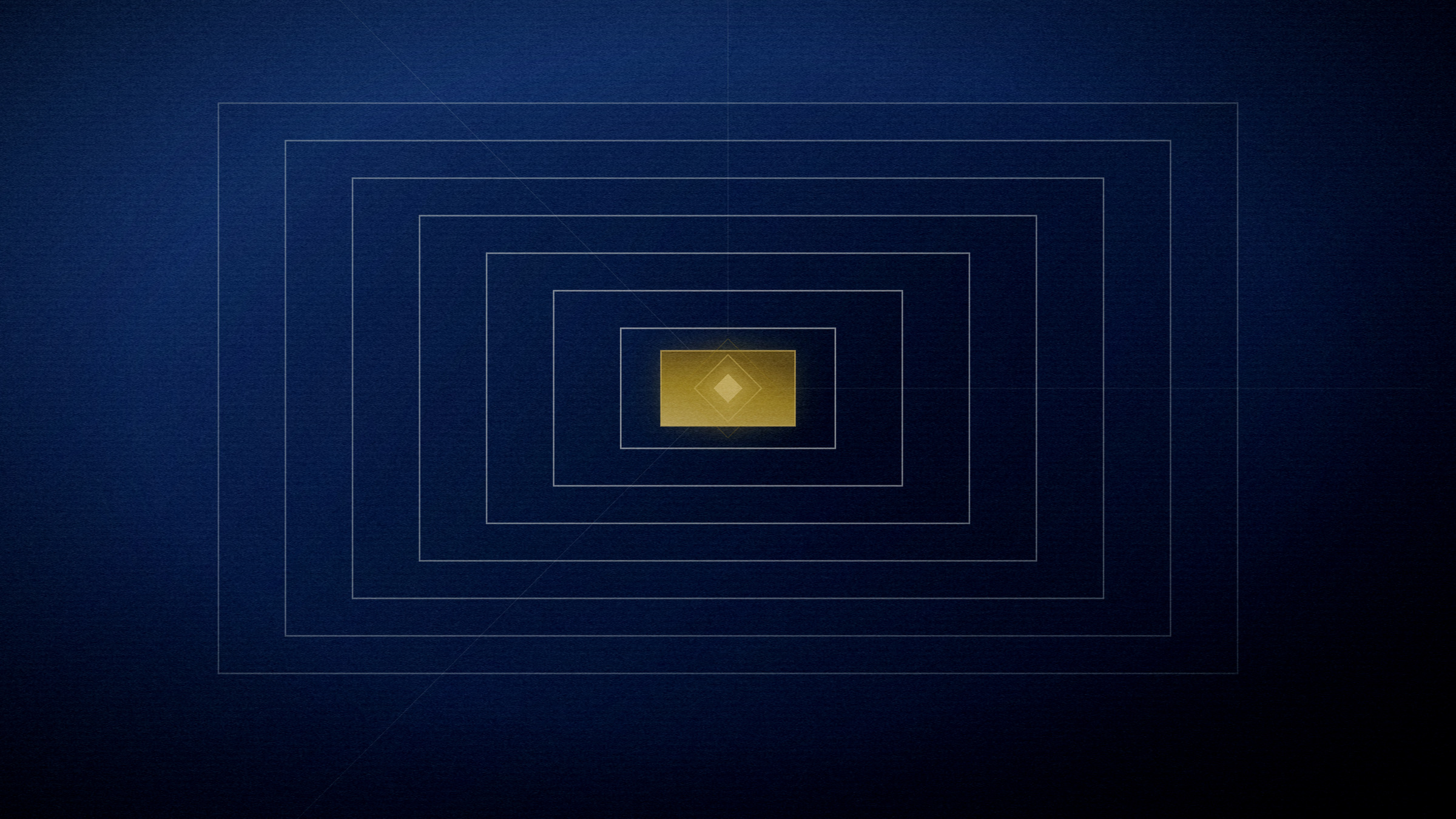 Abstract editorial illustration in navy and gold on a deep navy field: nested frames receding inward to a lit core.