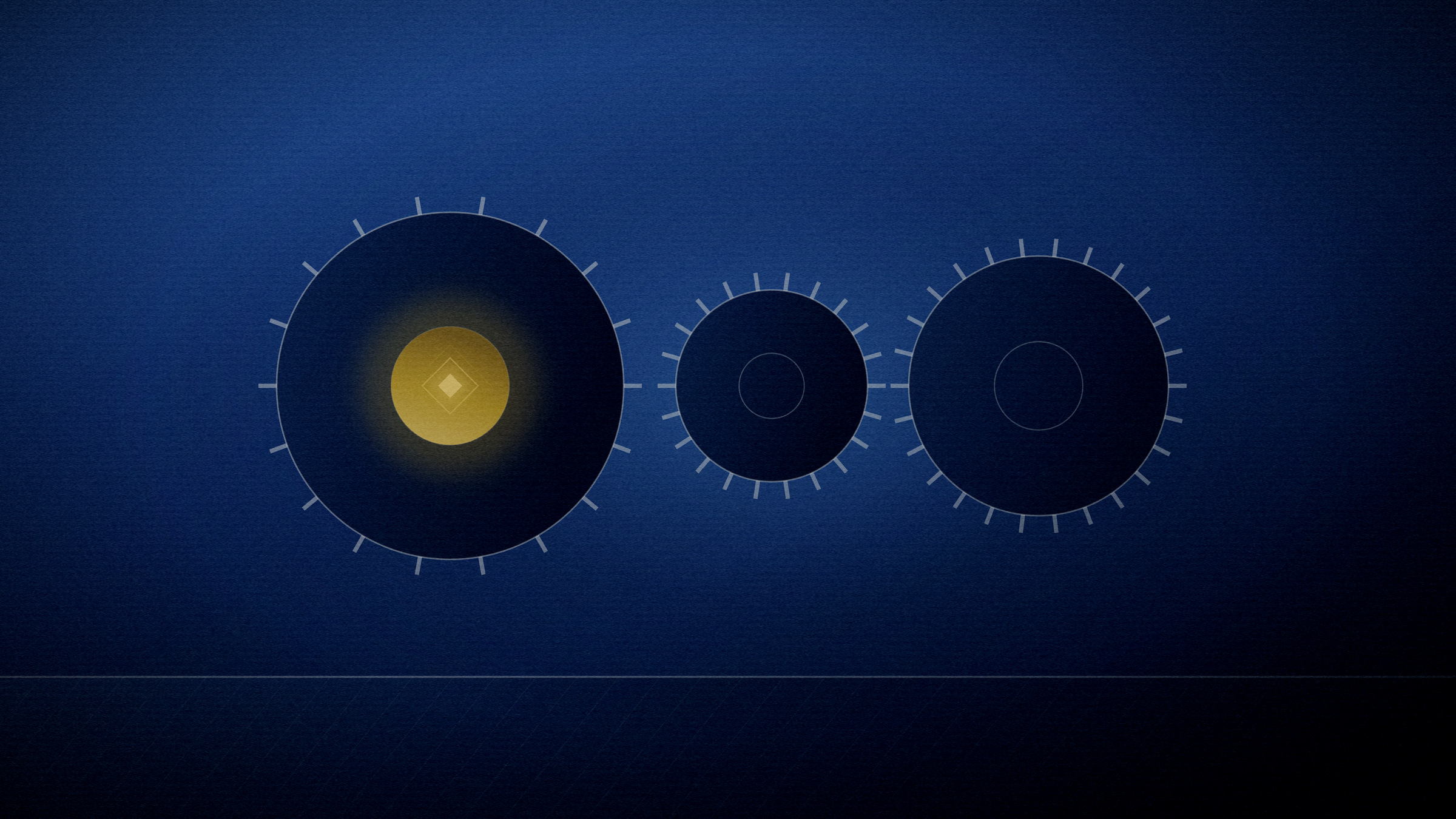 Abstract editorial illustration in navy and gold on a deep navy field: three meshed rotors of different sizes, the smallest one lit.